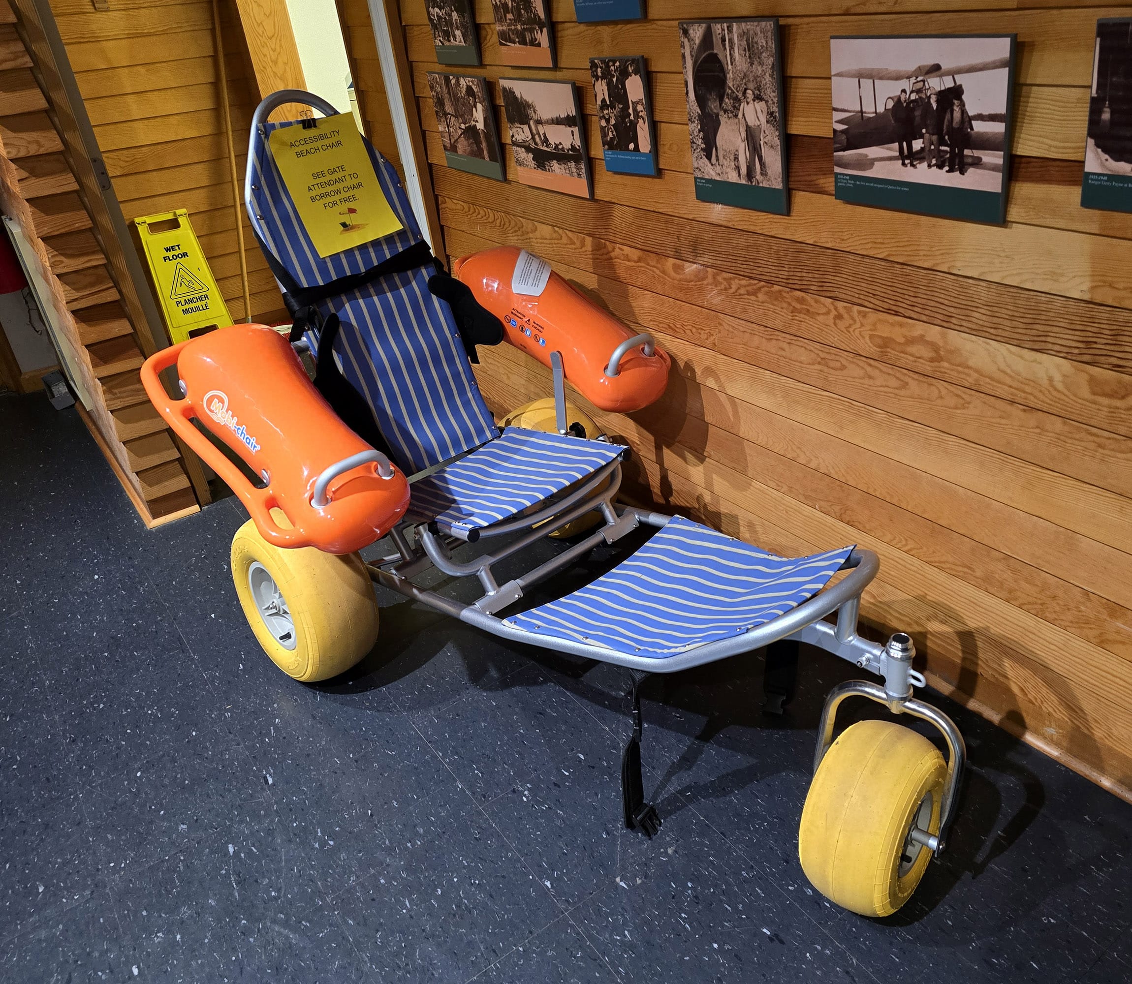 A floating all terrain wheelchair in the lobby of quetico’s heritage pavilion.