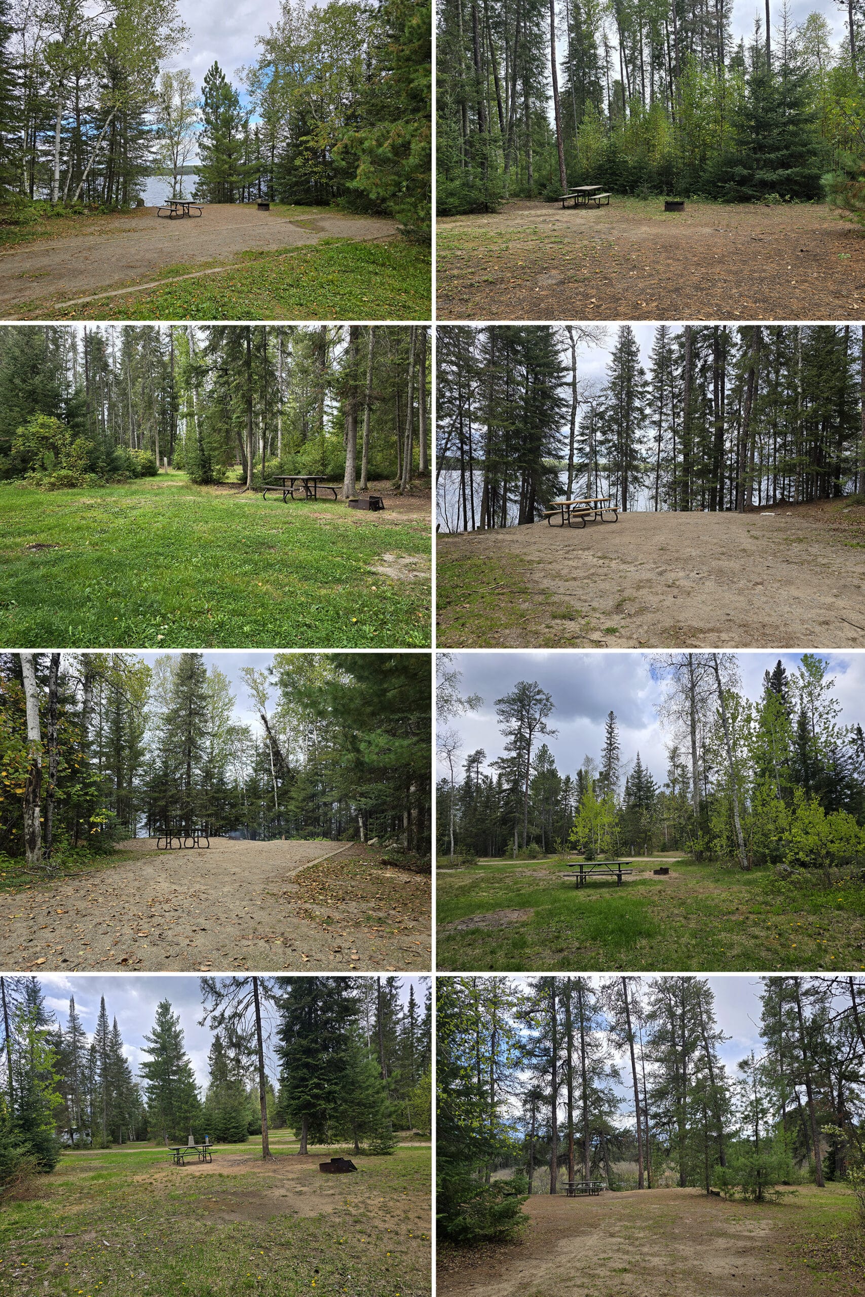 8 part image showing various campsites at Quetico Provincial Park.
