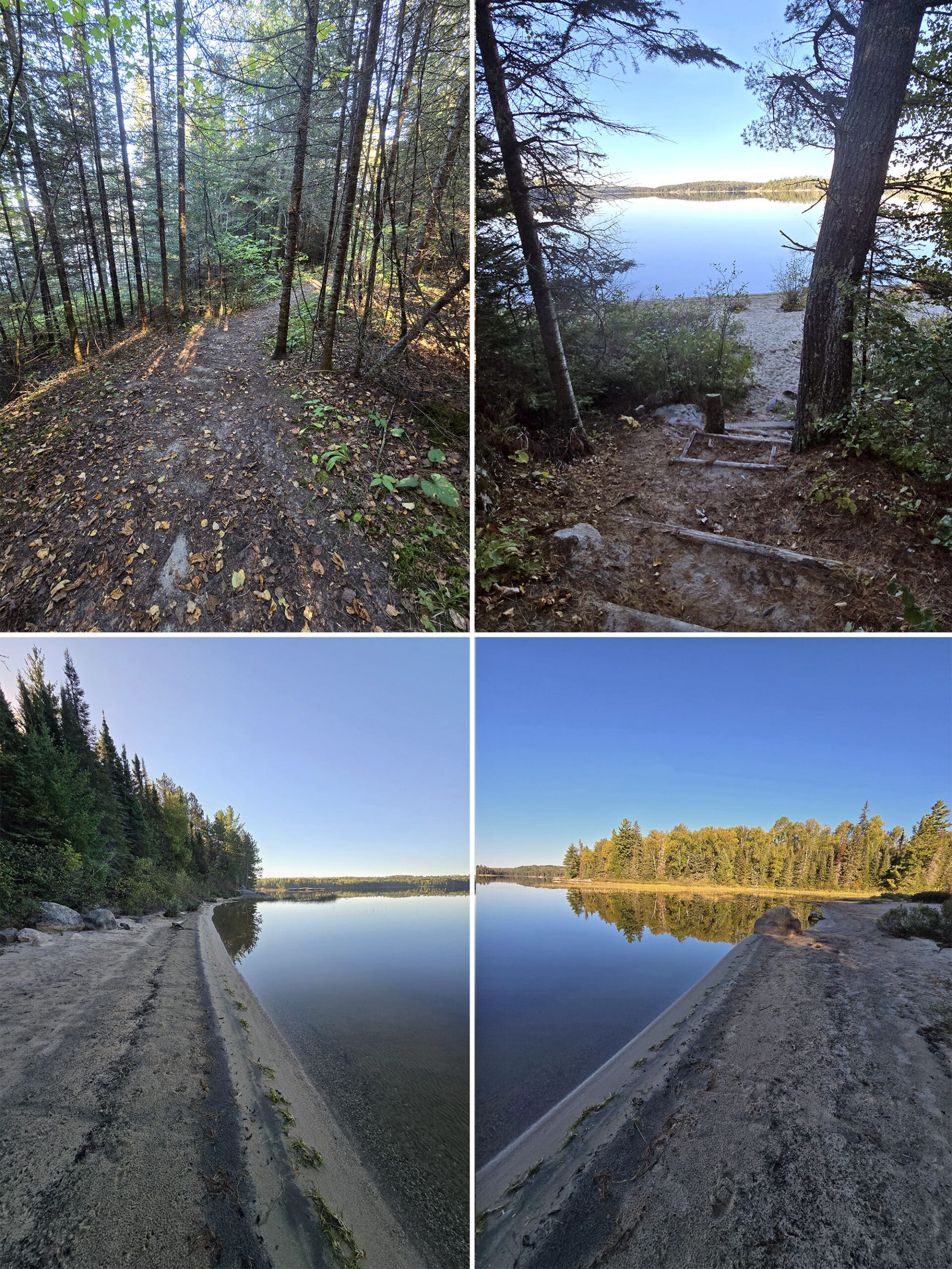 4 part image showing the trail and entrance to Quetico Provincial Park’s dog beach, and views to both sides of that pet beach.