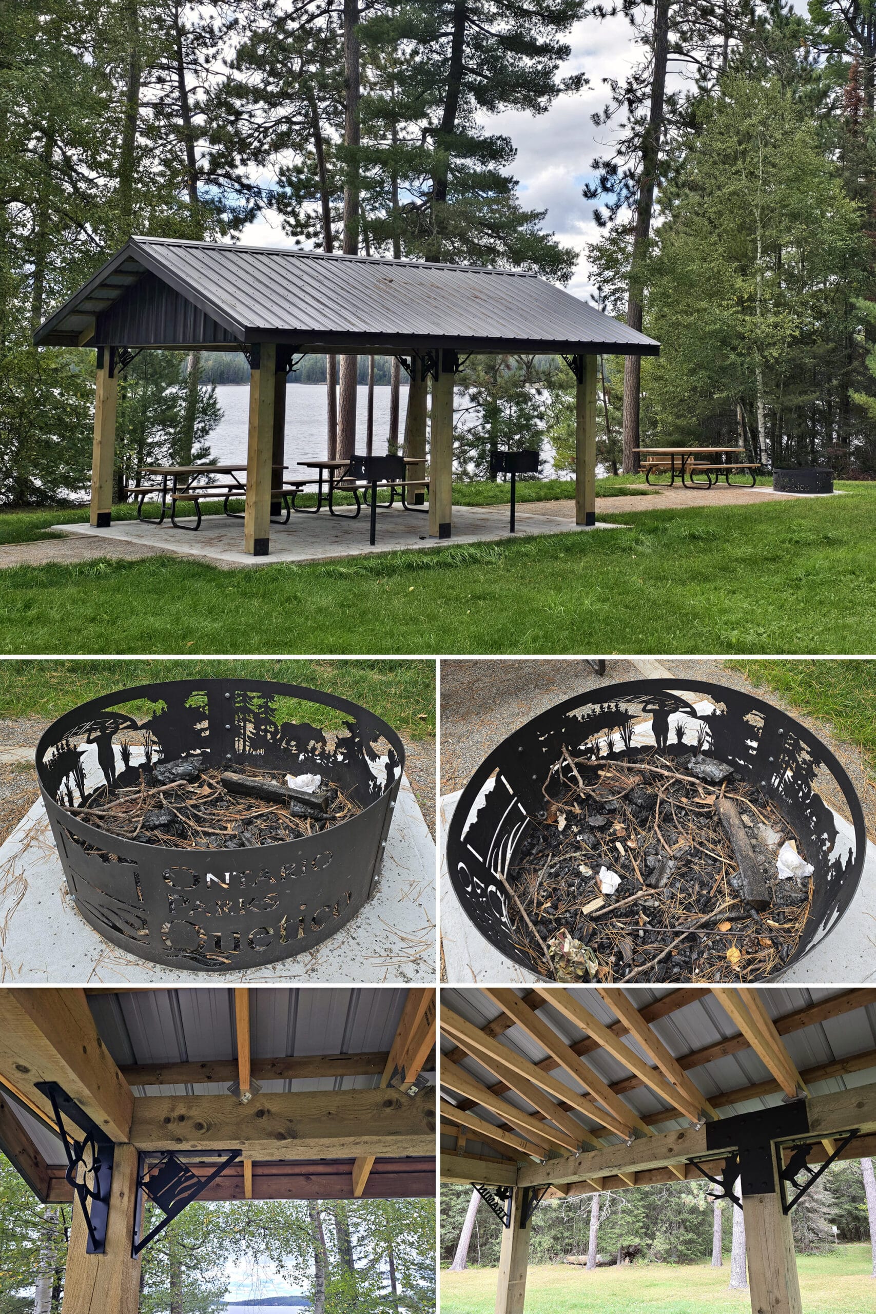 A small picnic shelter, and several views of intricately cut metal fire pits and accessories in the picnic shelter.