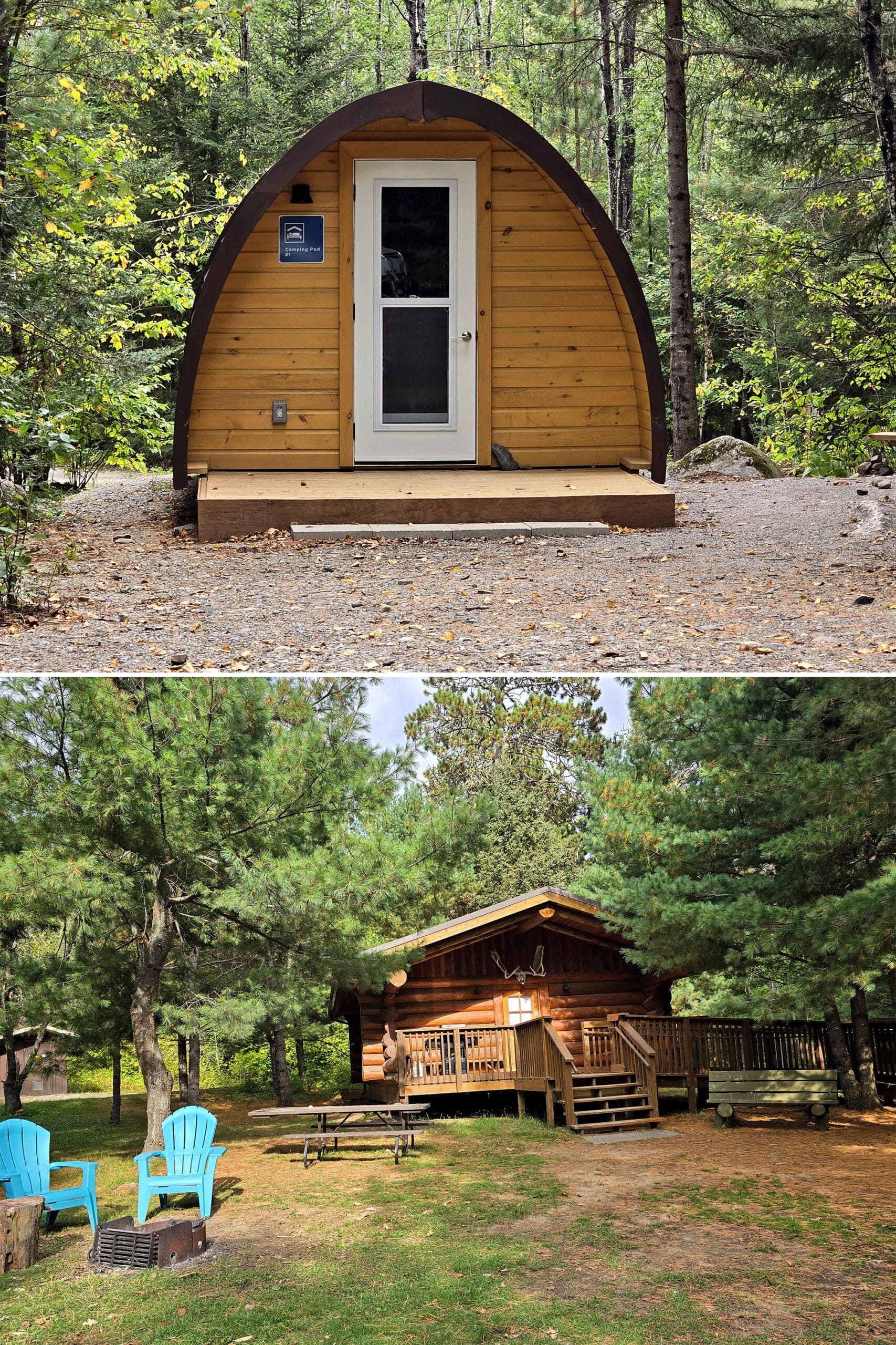 2 part image showing one of Quetico’s camping pods, and the other showing one of the cabins in Quetico provincial park.