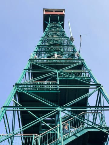 Looking up at the Temagami Fire Tower from the base of it.