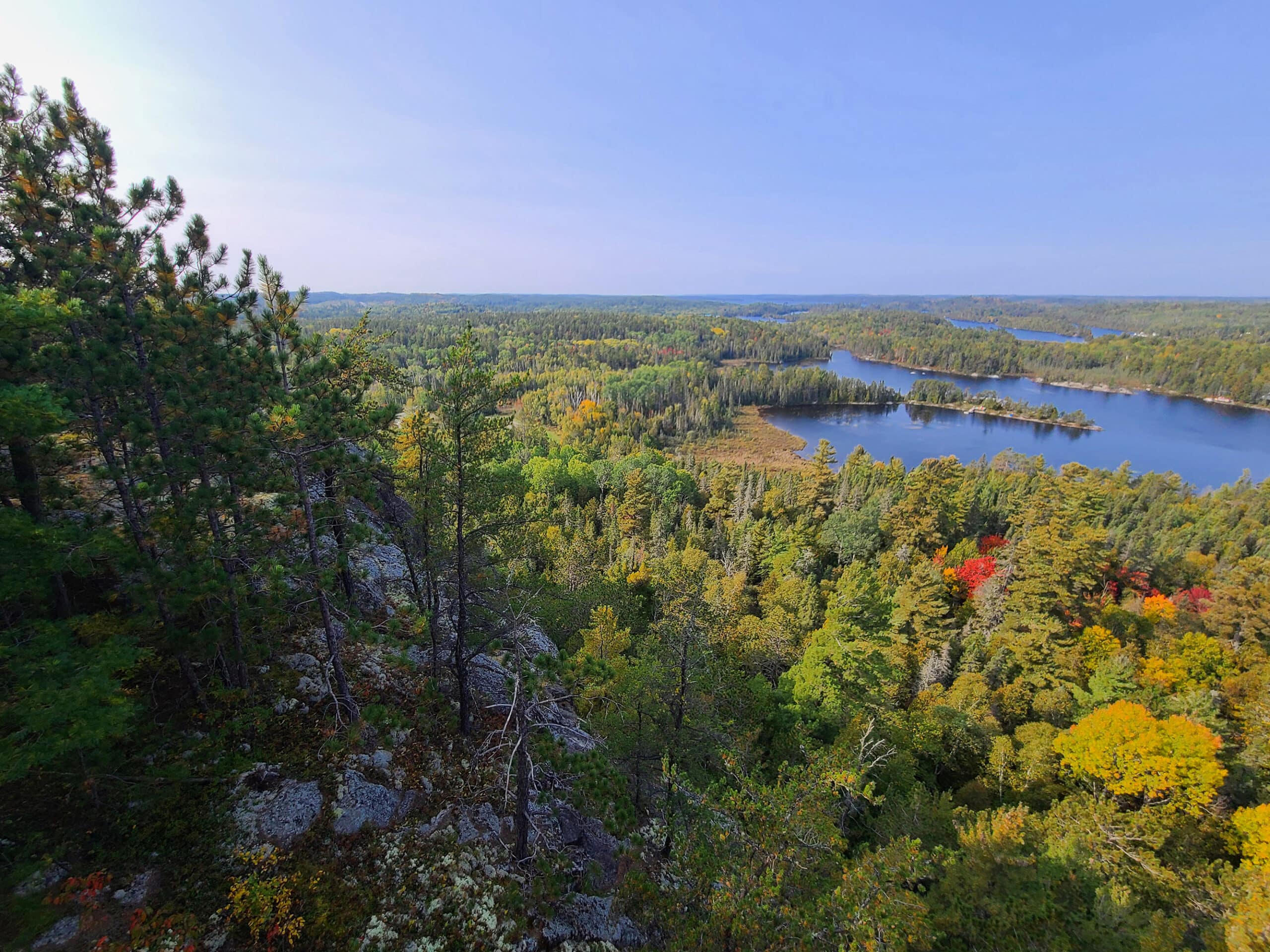 The view from the top of the temagami fire tower, looking out over trees and lakes in the surrounding area.