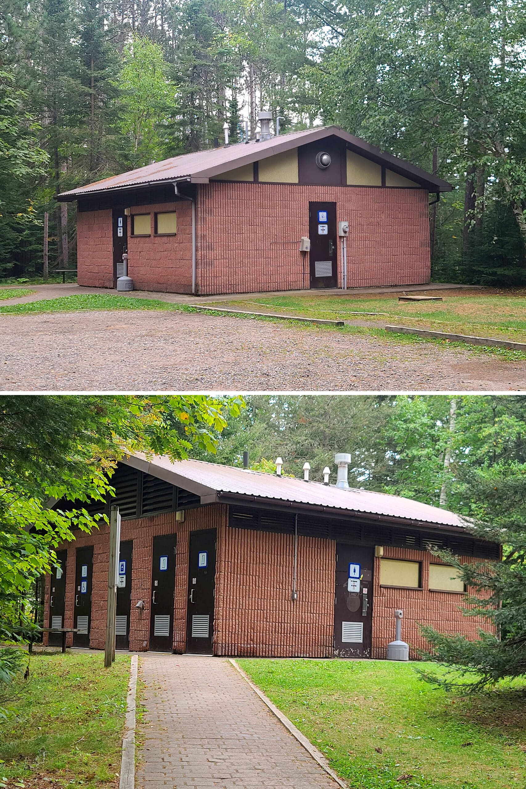 2 part image showing comfort stations in Agawa Bay campground.