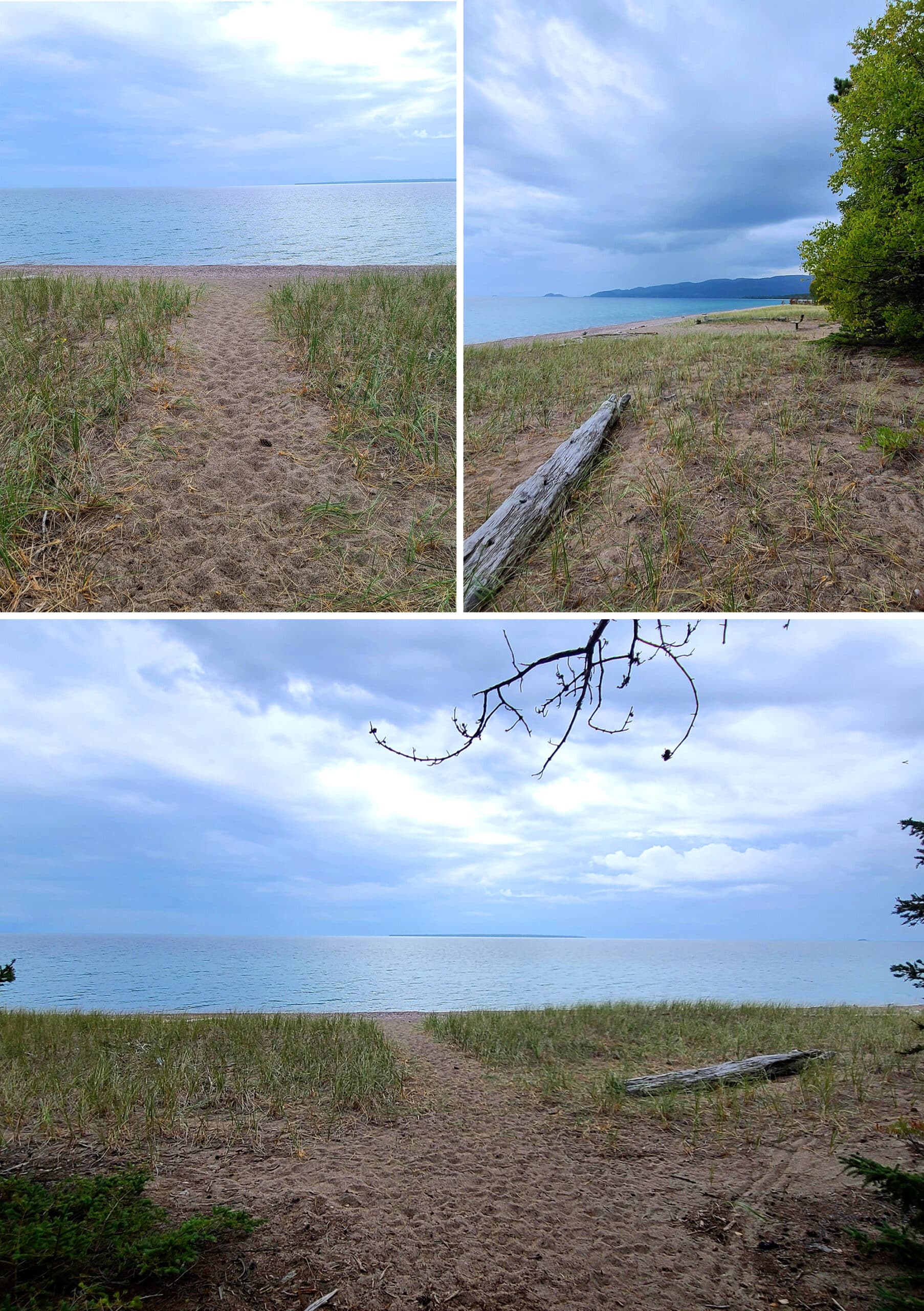 3 part image showing a path to a beach, with lake superior in the background.