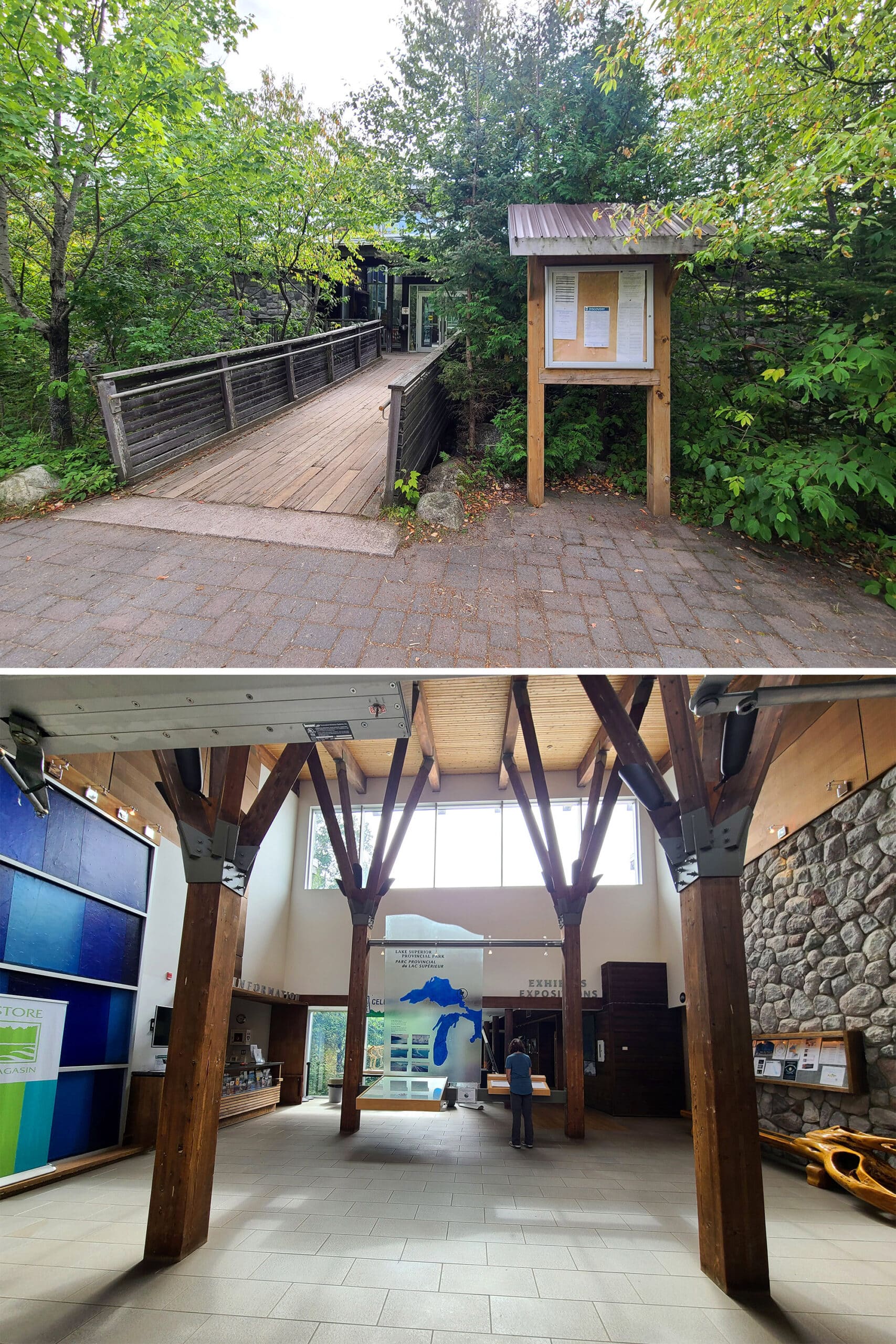 2 part image showing the interior and exterior of the Agawa bay visitor center.