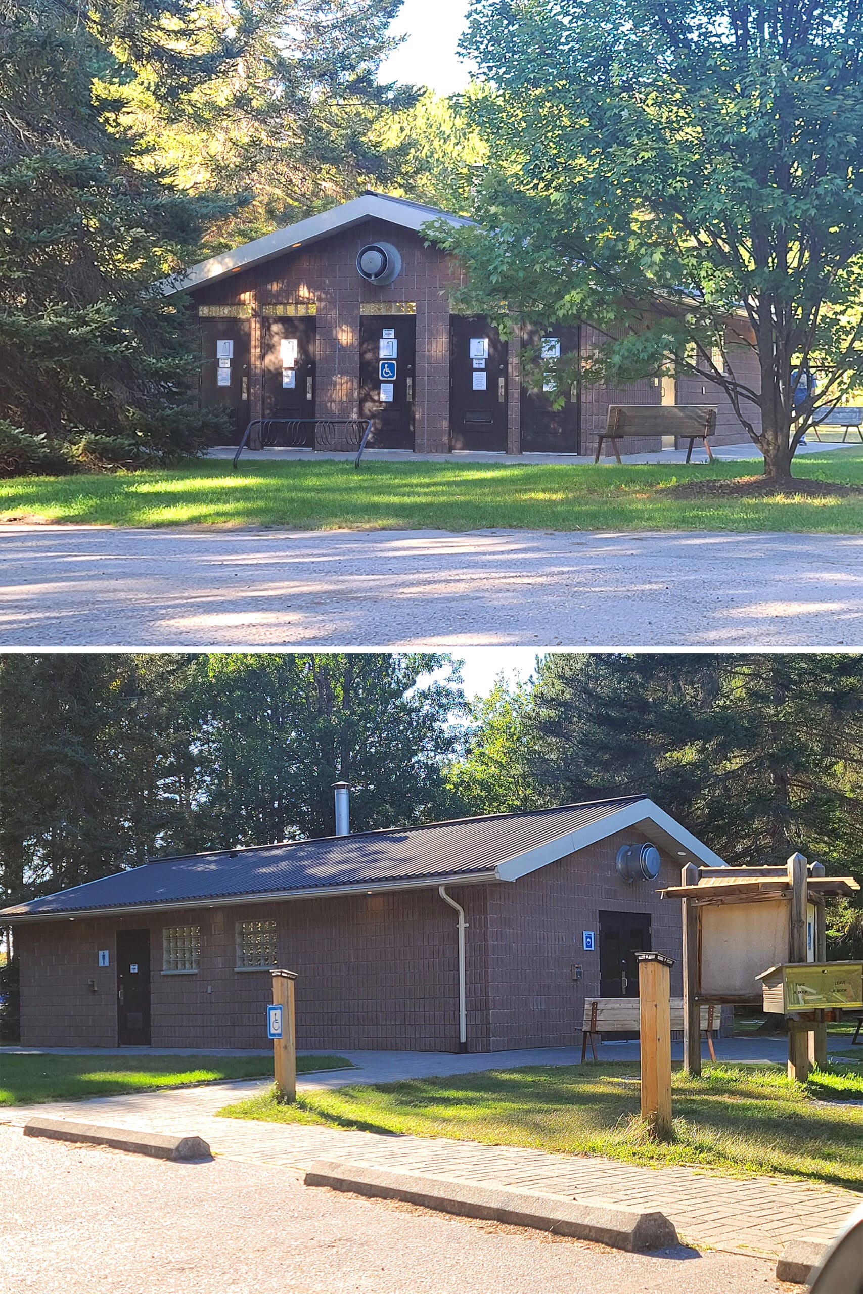 2 part image showing the front and back of the comfort station at Chutes provincial park.