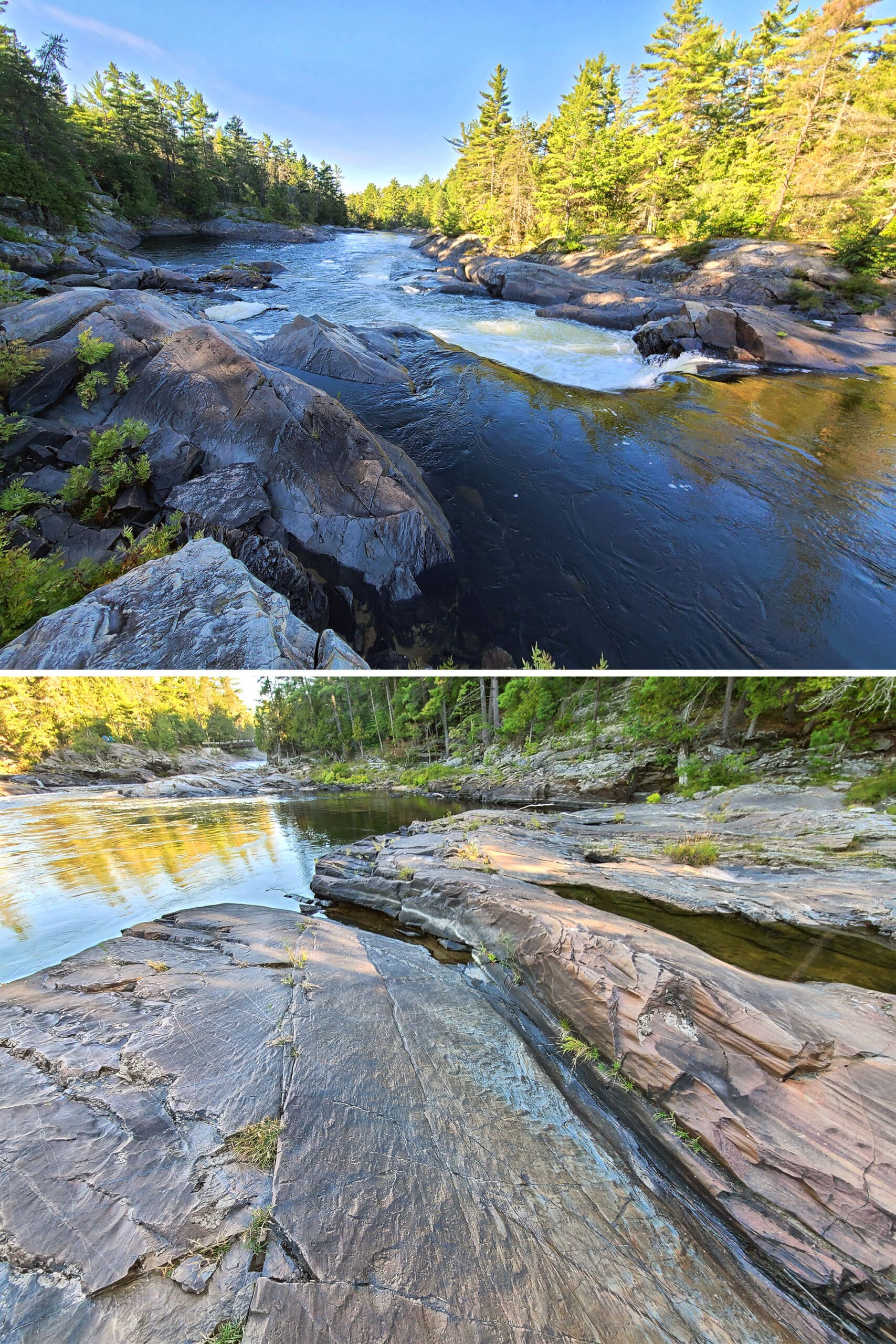 2 part image showing waterfalls at Chutes Provincial Park.