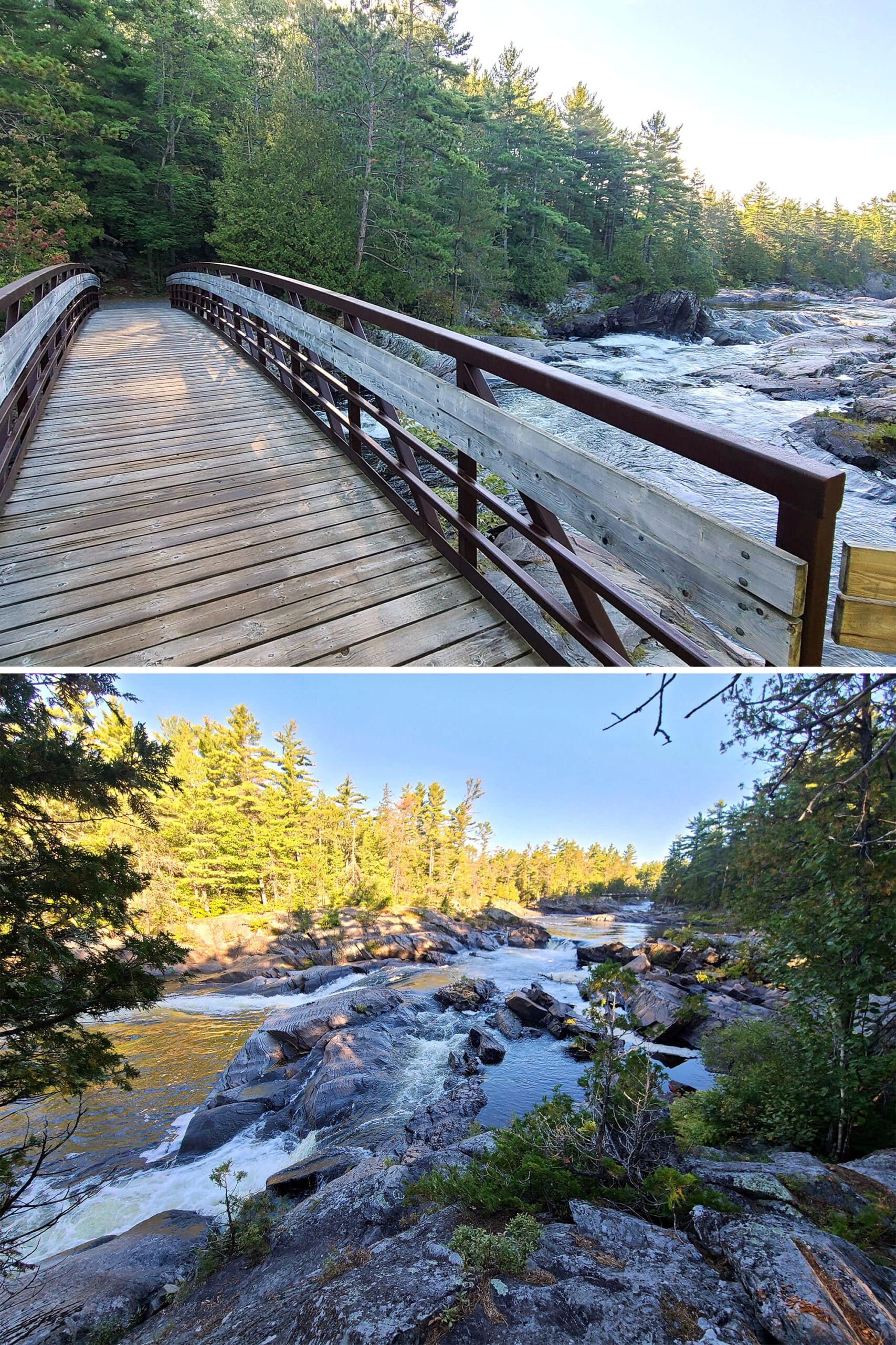 2 part image showing a bridge over the rapids, and the rapids themselves.