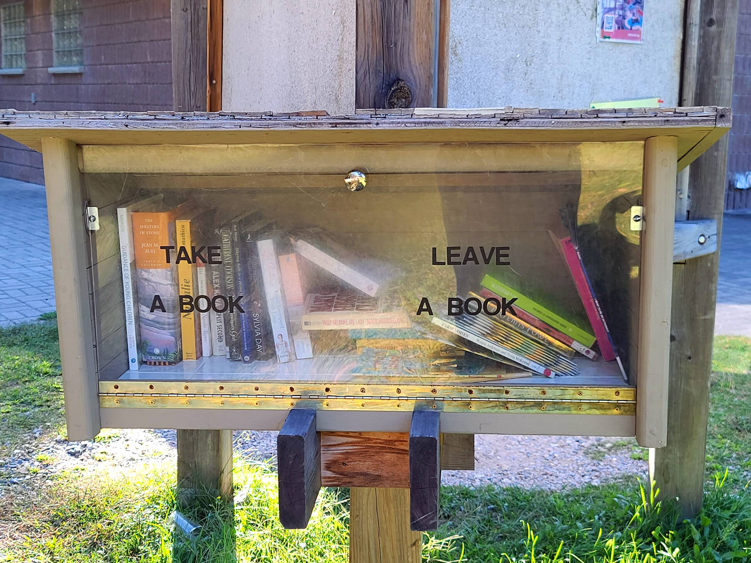 A small Little Free Library with several books in it.