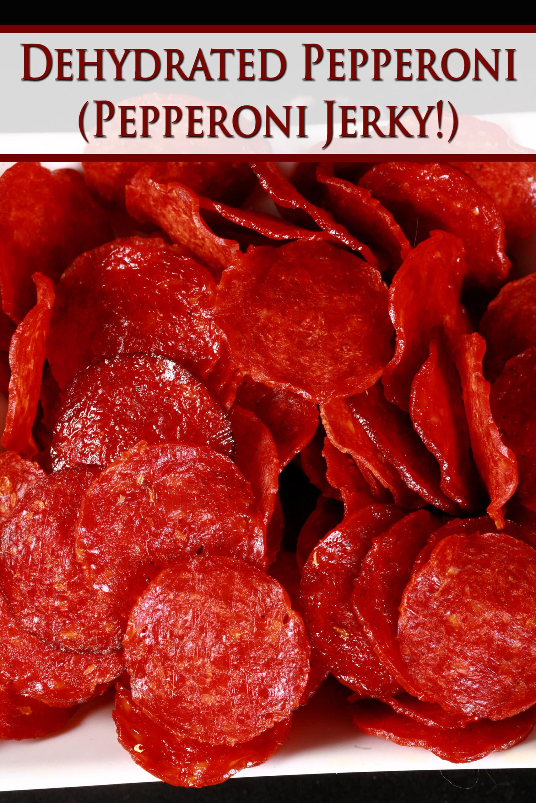 A bowl of dried pepperoni slices. Overlaid text says dehydrated pepperoni slices pepperoni jerky.