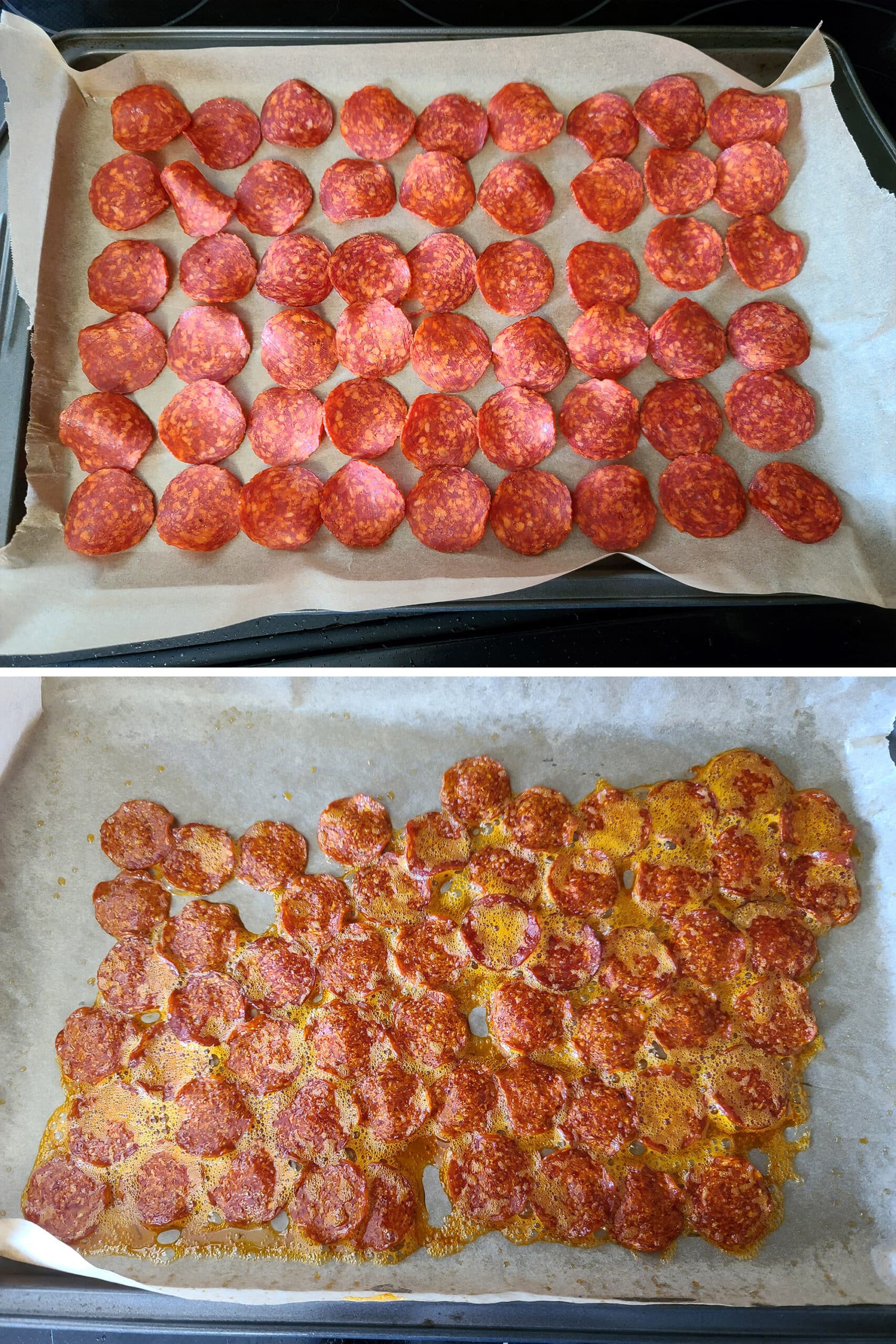 2 part image showing pepperoni laid out on a parchment lined baking sheet, before and after baking.  The after photo has a LOT of yellow melted fat.