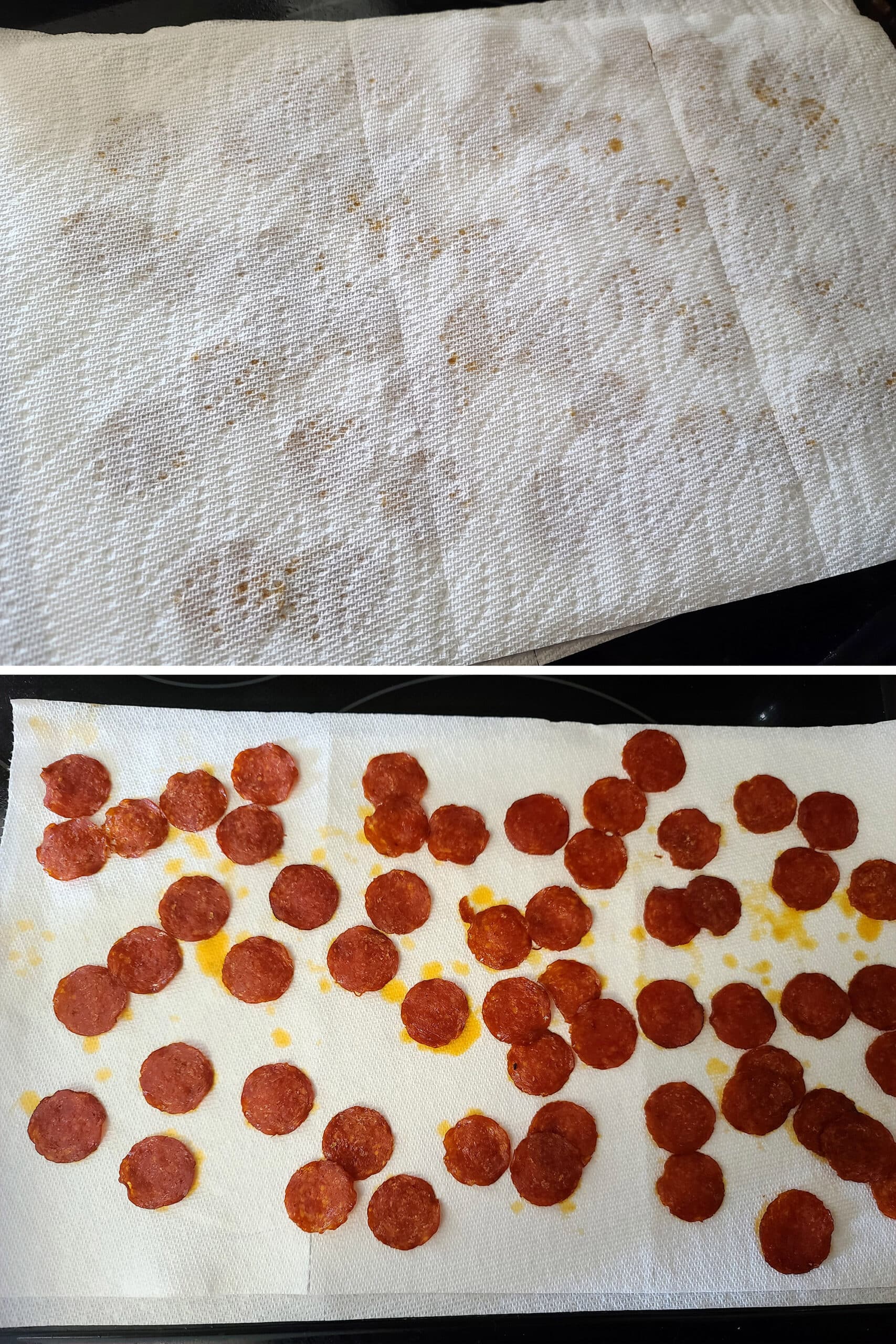 2 part image showing a layer of baked pepperoni chips sandwiched between layers of paper towel.