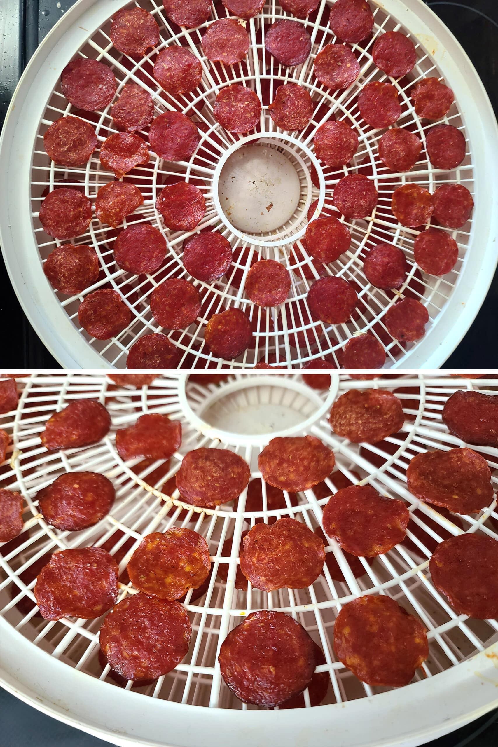 2 part image showing baked pepperoni chips laid out on a food dehydrater, before and after drying out.