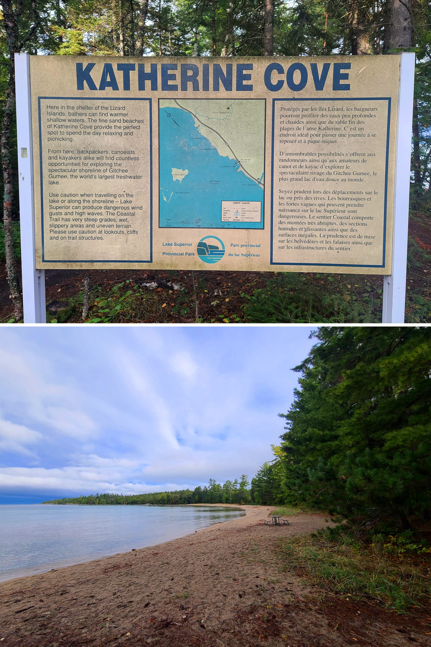 A 2 part image showing a park sign talking about this history of the area, and a large bay with a beach.