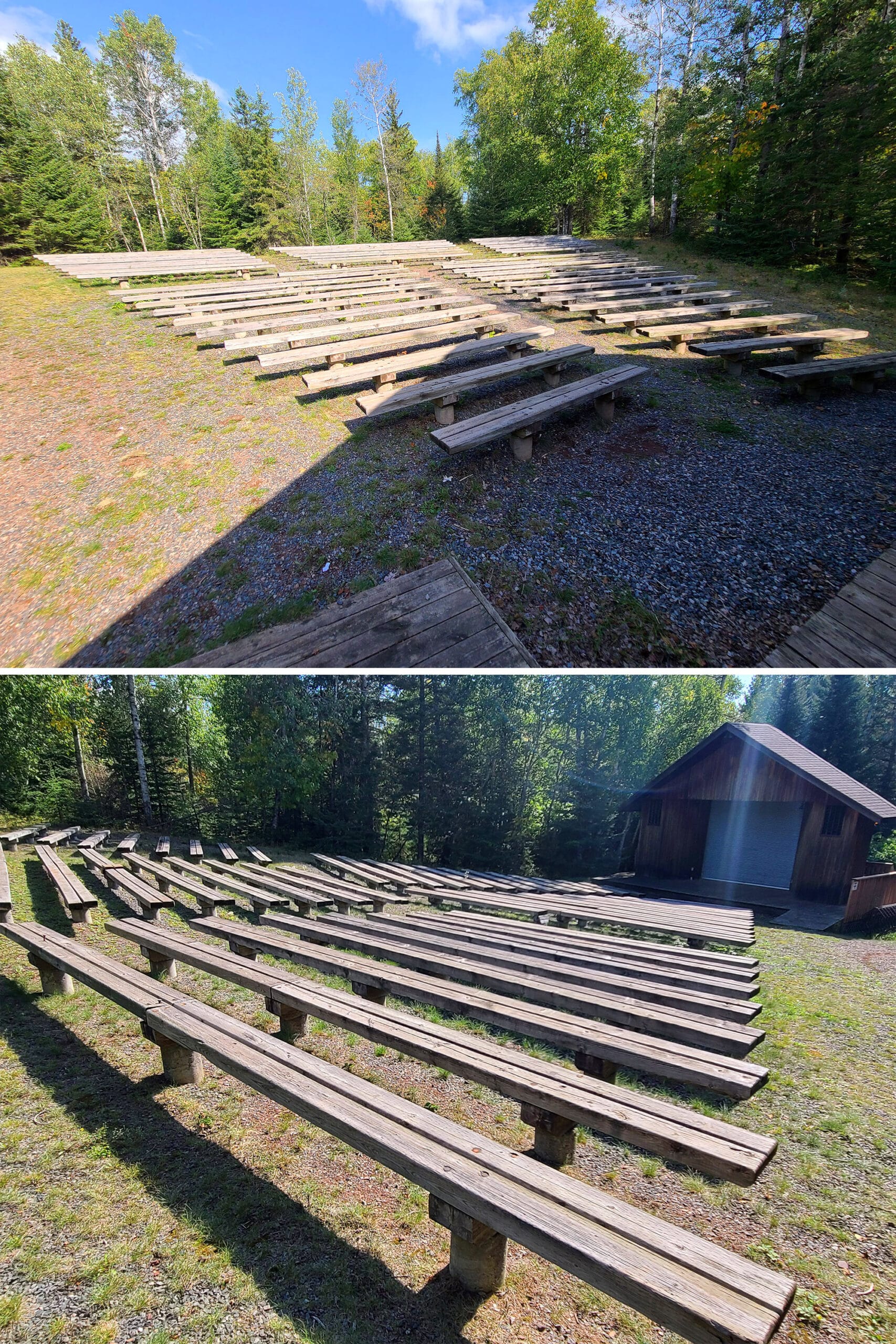 A 2 part image showing a large amphitheatre with wooden bench seats.