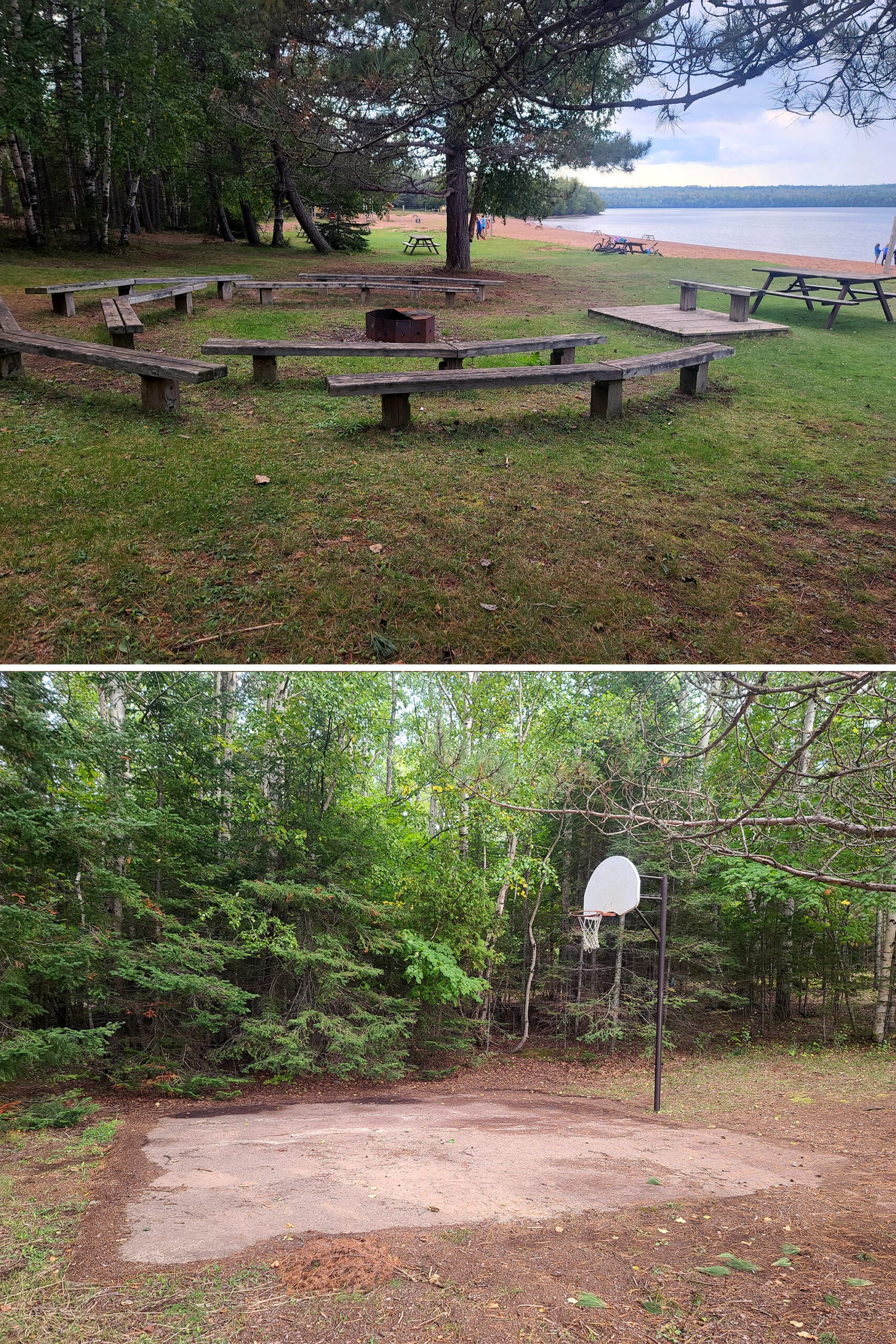 2 part image showing a small outdoor firepit theatre, and a small basketball court.