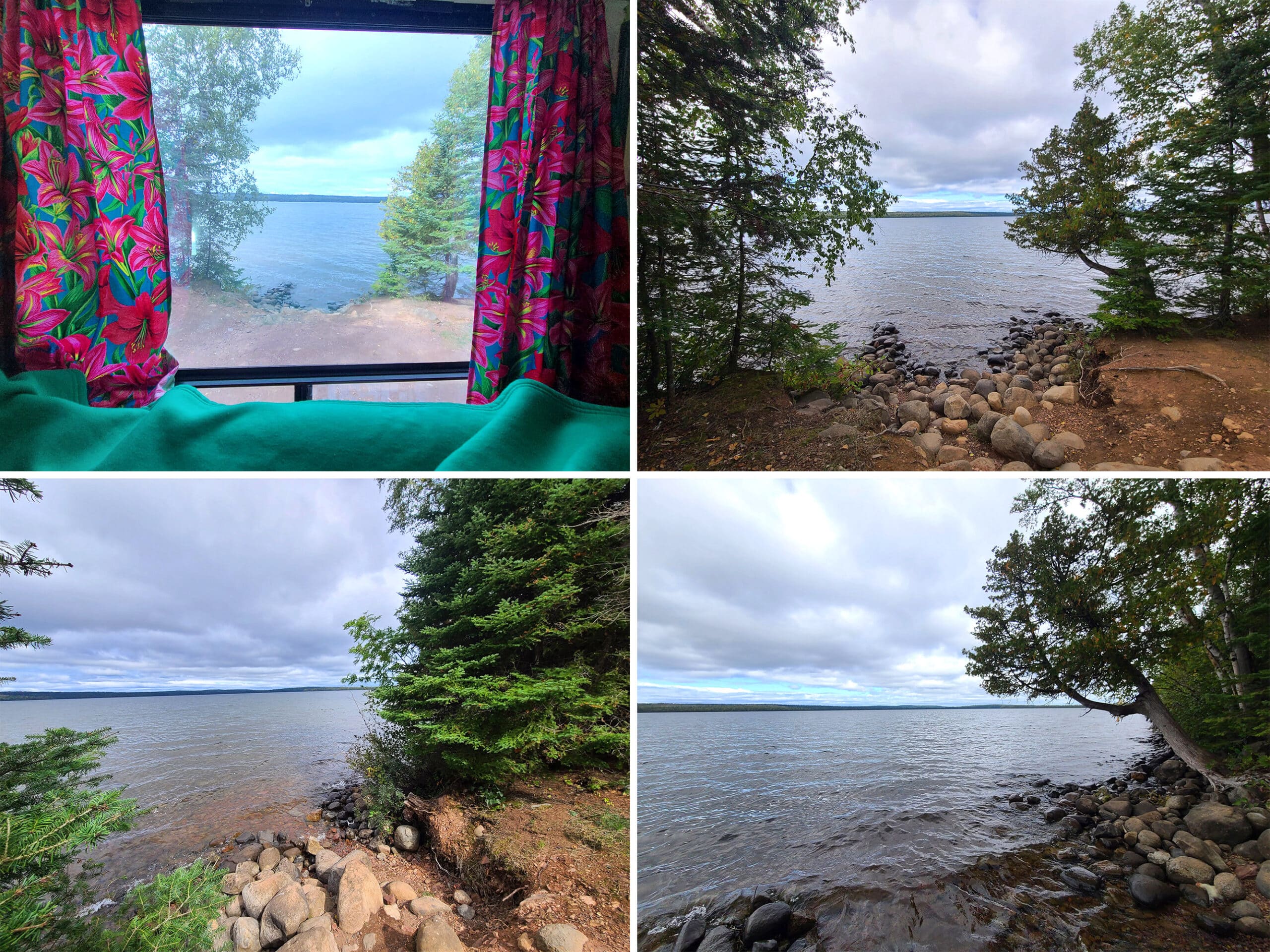 4 part image showing various views from a campsite overlooking Marie Louise Lake in Sleeping Giant provincial park.