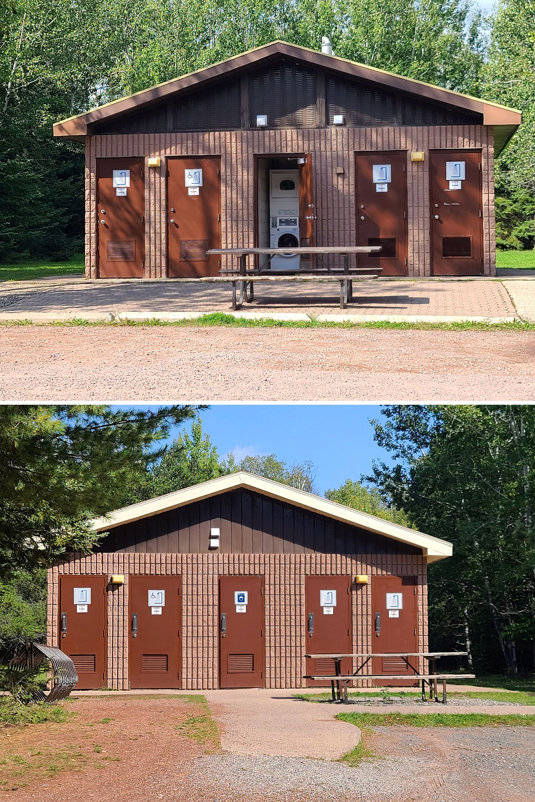 2 part image showing the 2 comfort stations in Marie Louise Lake campground.