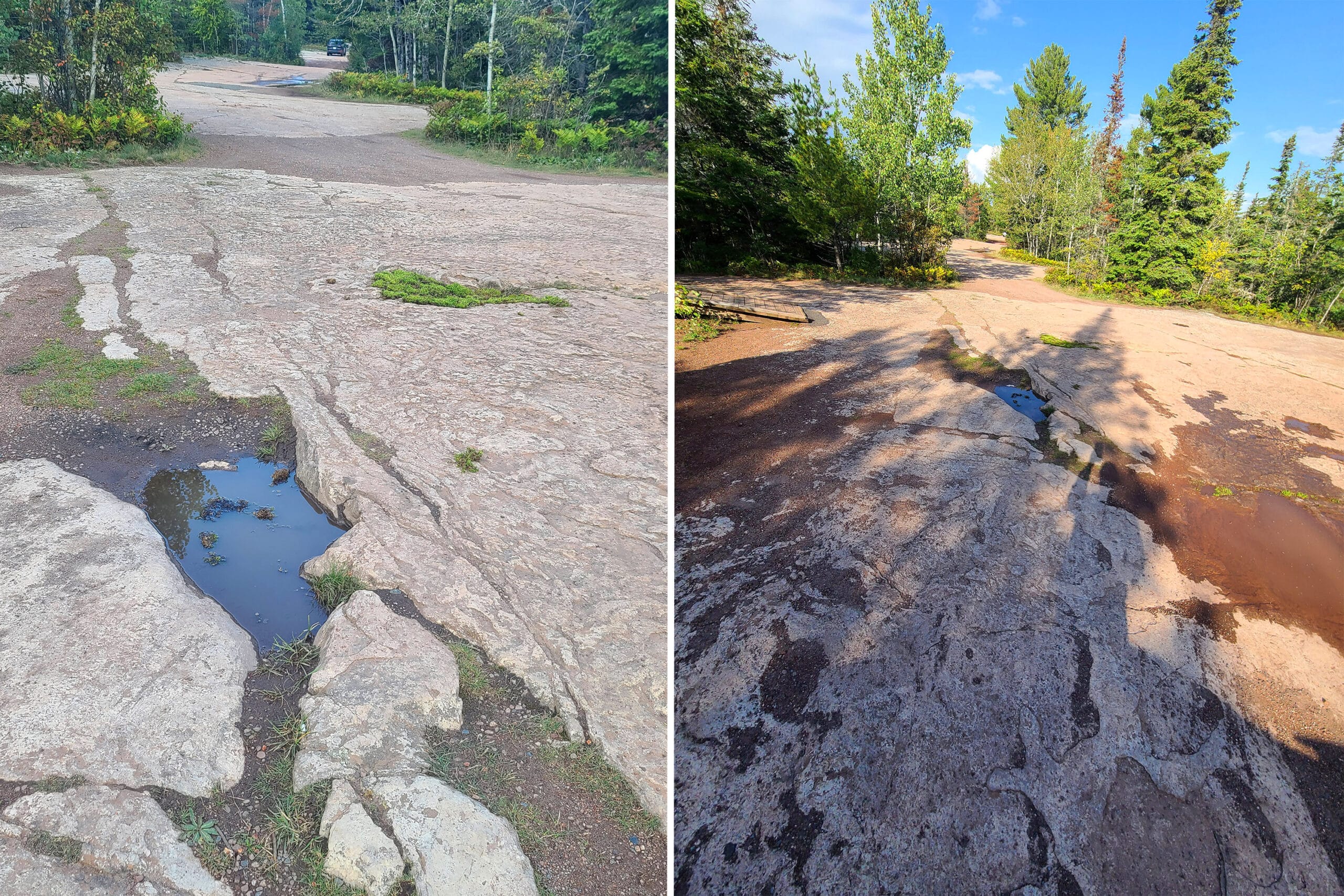2 part image showing a rough, rocky, pitted road in sleeping giant provincial park.