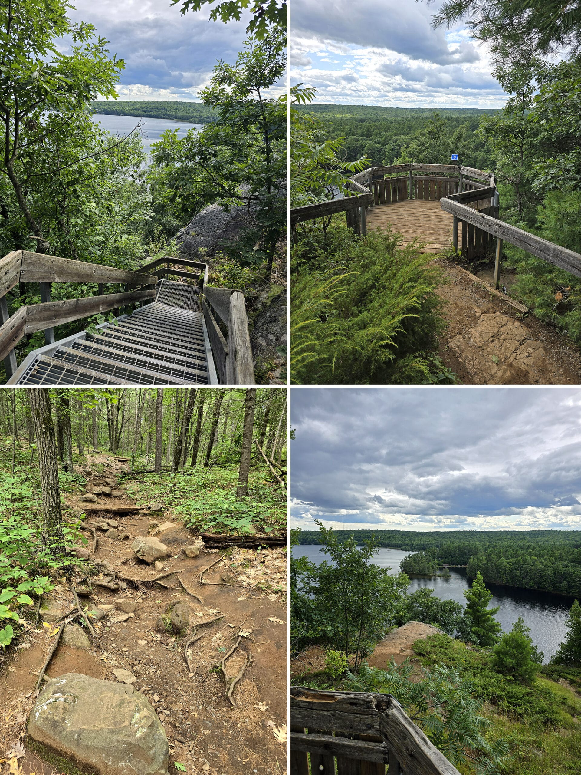 4 part image showing various views along the Cliff Top Trail at Bon Echo Provincial Park.