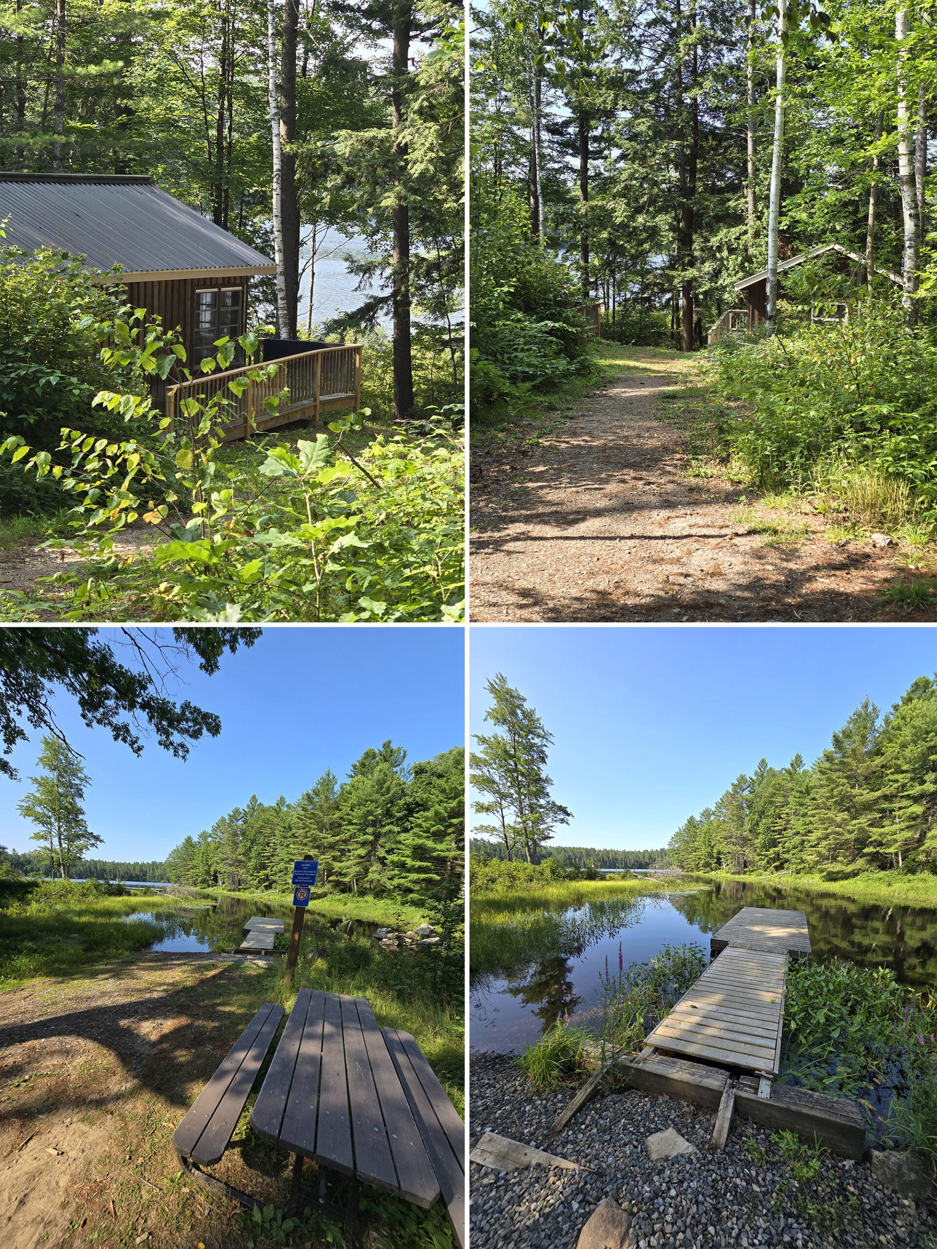 4 part image showing 2 of Bon Echo’s Cabins, and the lake nearby