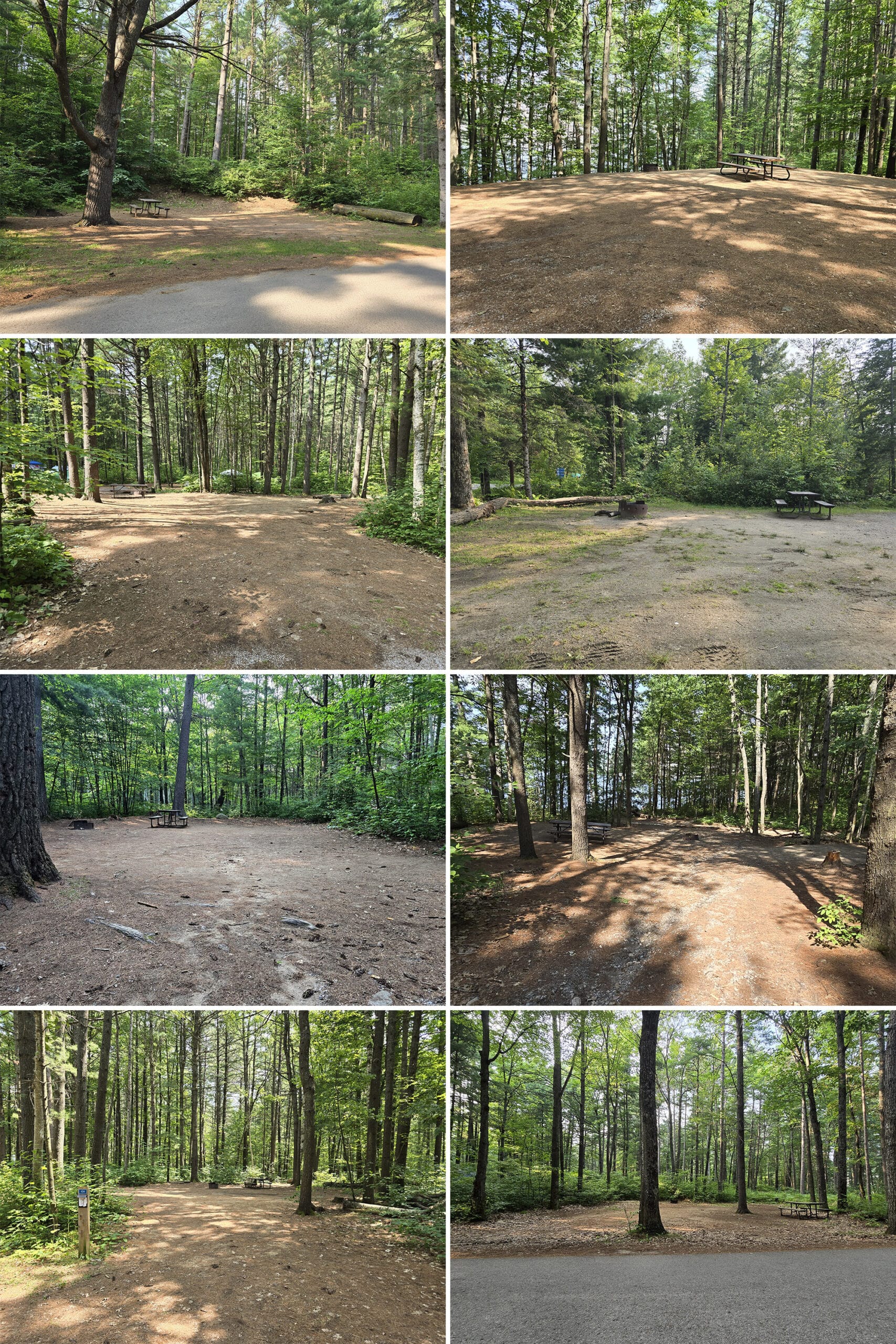 8 part image showing various campsites at Bon Echo Provincial Park.