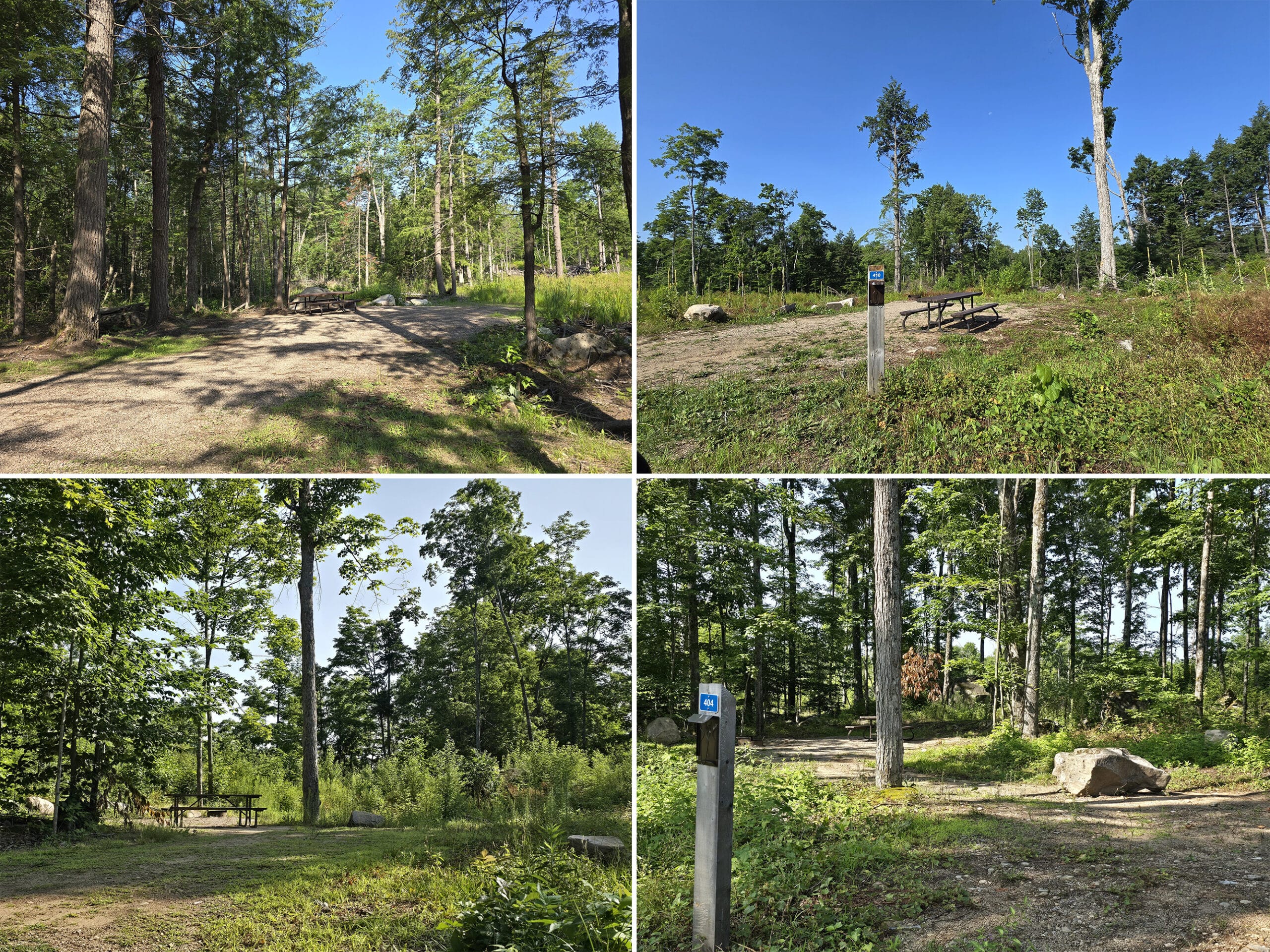 4 part image showing various campsites in Hardwood Hill Campground at Bon Echo.