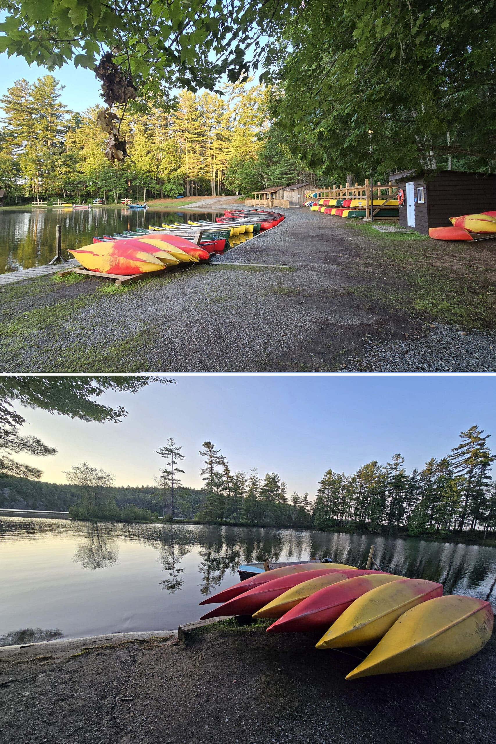 2 part image showing the canoe rentals area at Bon Echo Provincial Park.