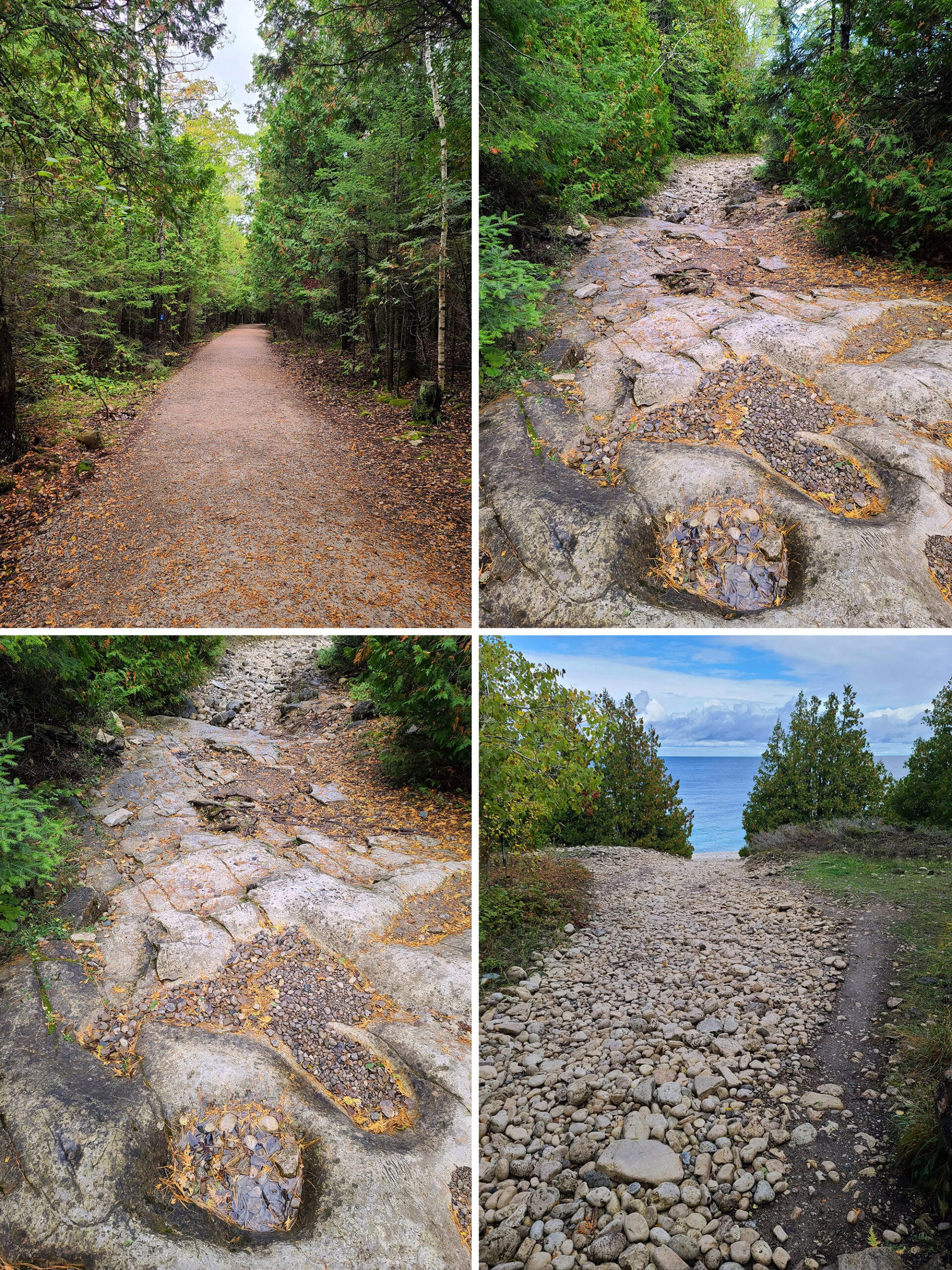 4 part image showing the trail to get to halfway log dump.
