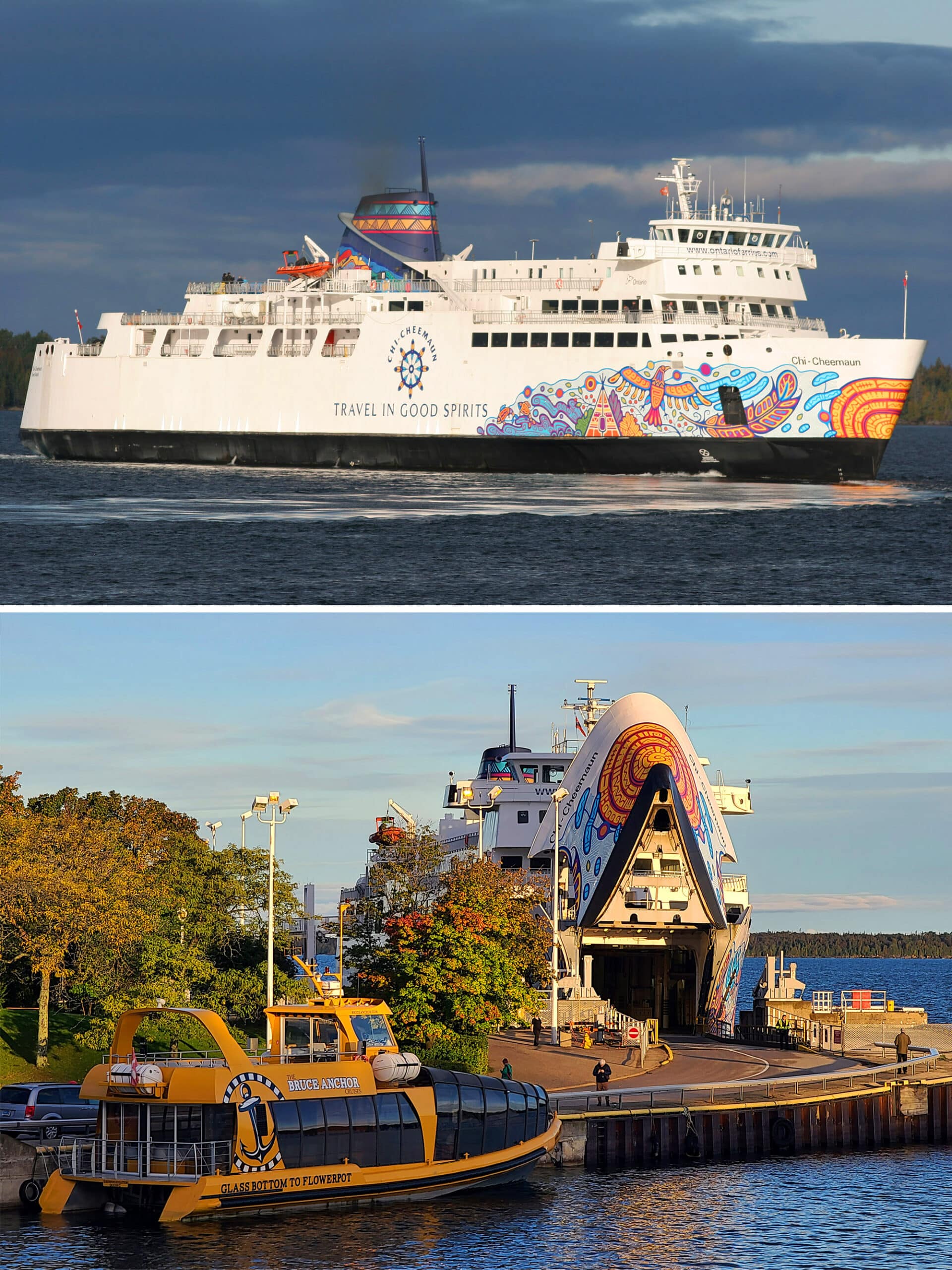 2 part image showing a large ferry painted with colourful Ojibwe art, sailing on Georgian Bay, and loading passengers at the dock.