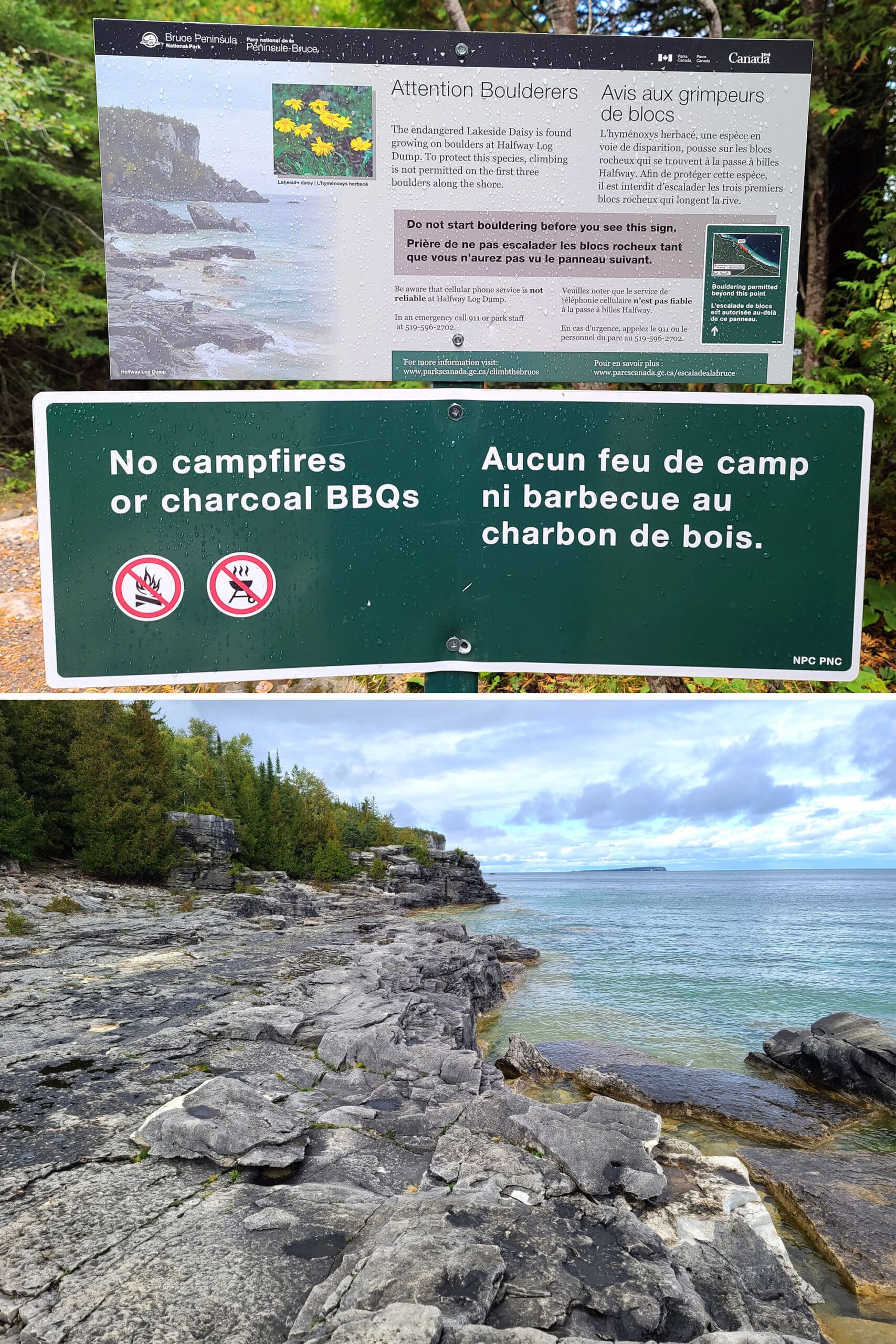 2 part image showing park signage about bouldering, and a view out over halfway log dump.