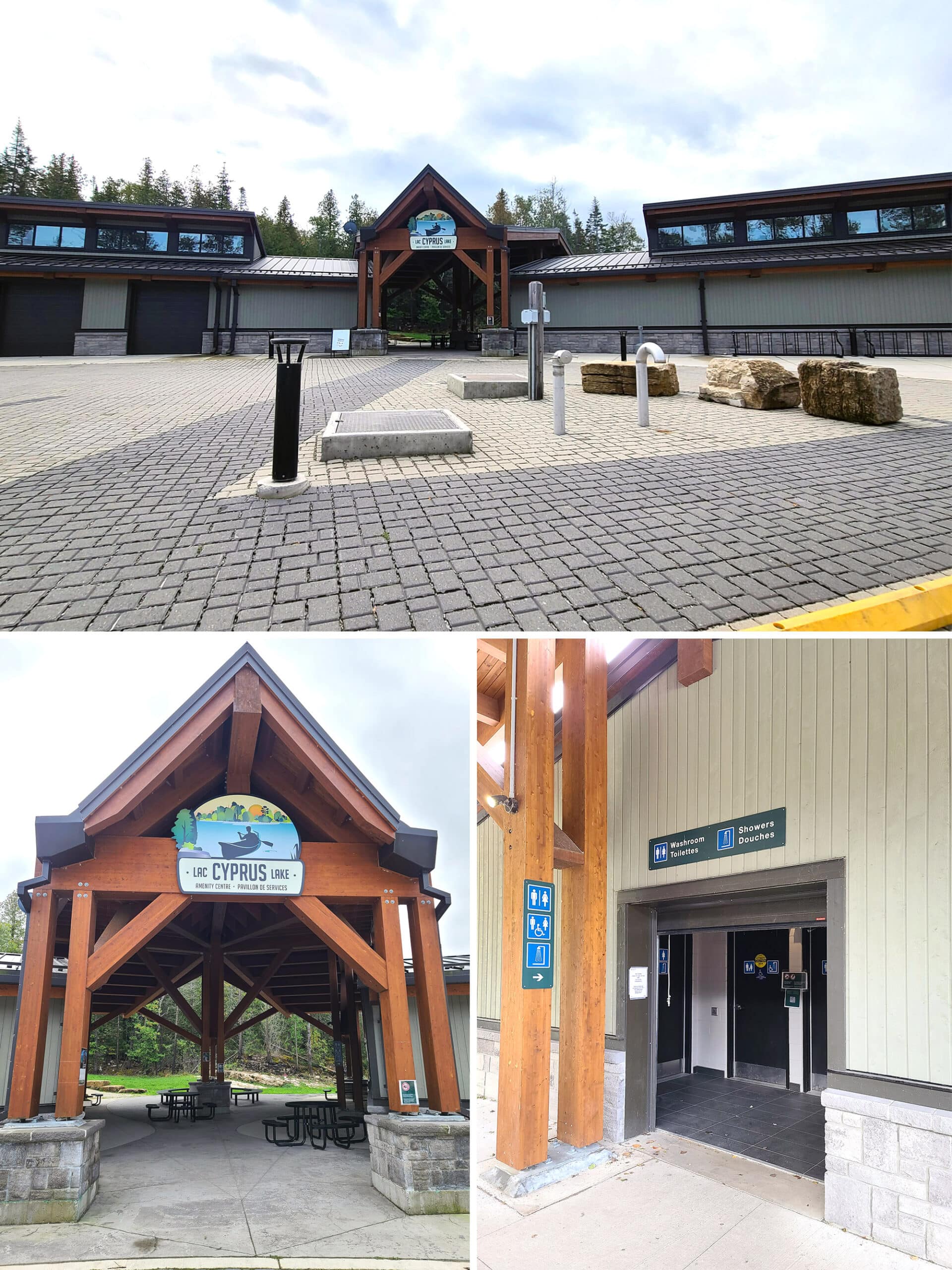 3 part image showing different views of the campground hub in bruce peninsula national park.