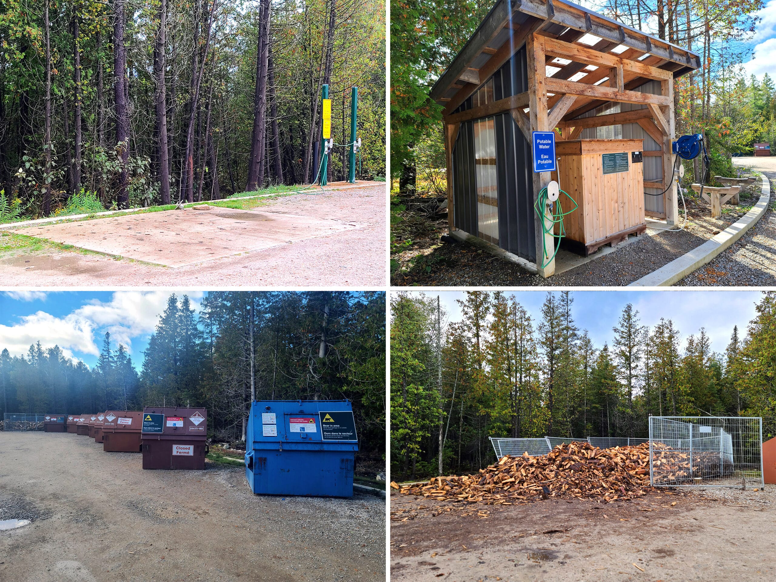 4 part image showing the dump and fill station, along with the wood pile and garbage bins.