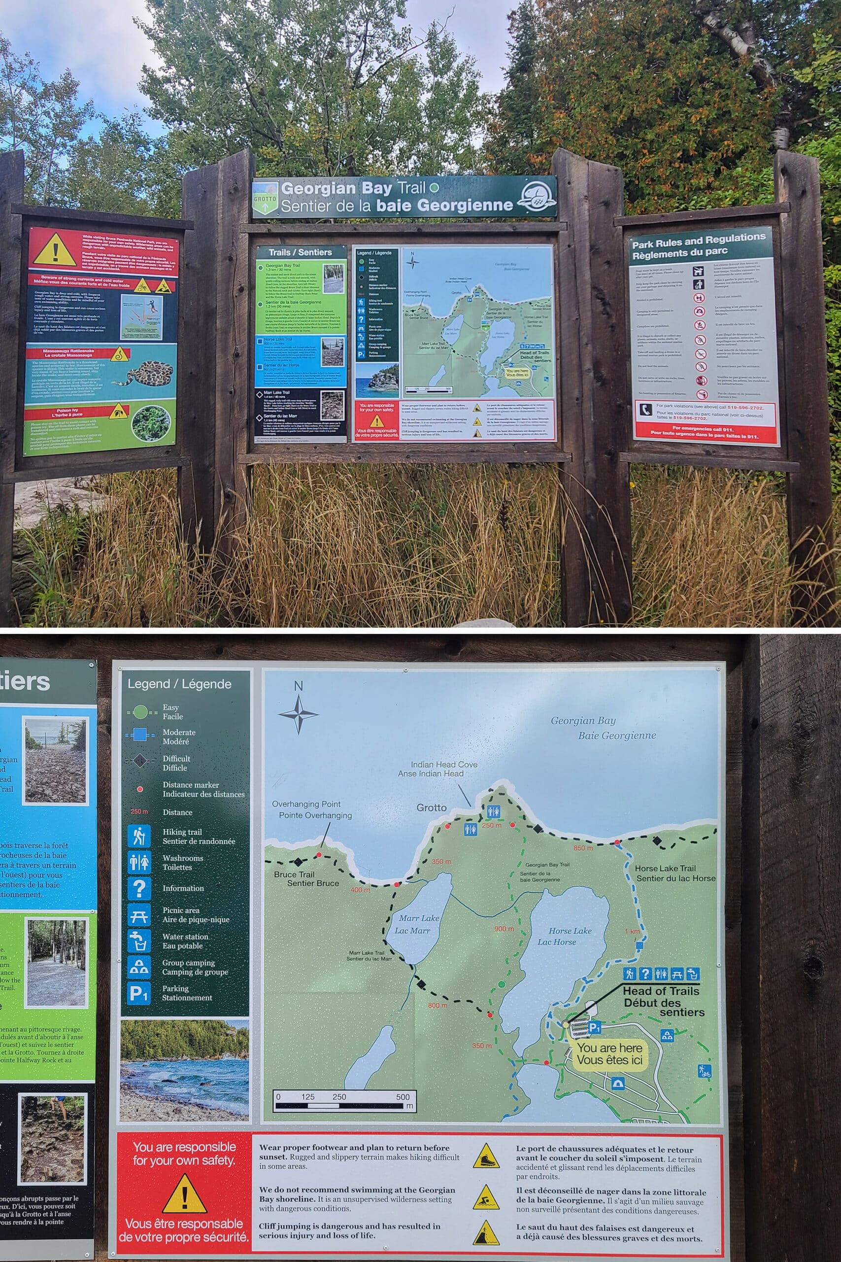 2 part image showing trailhead signage at the head of trails, with a map of Georgian Bat trail.