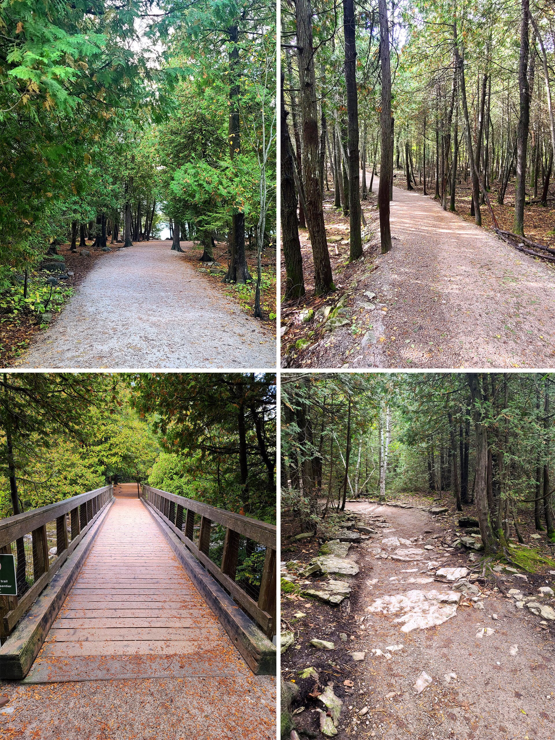 4 part image showing different views along a wide, flat trail.