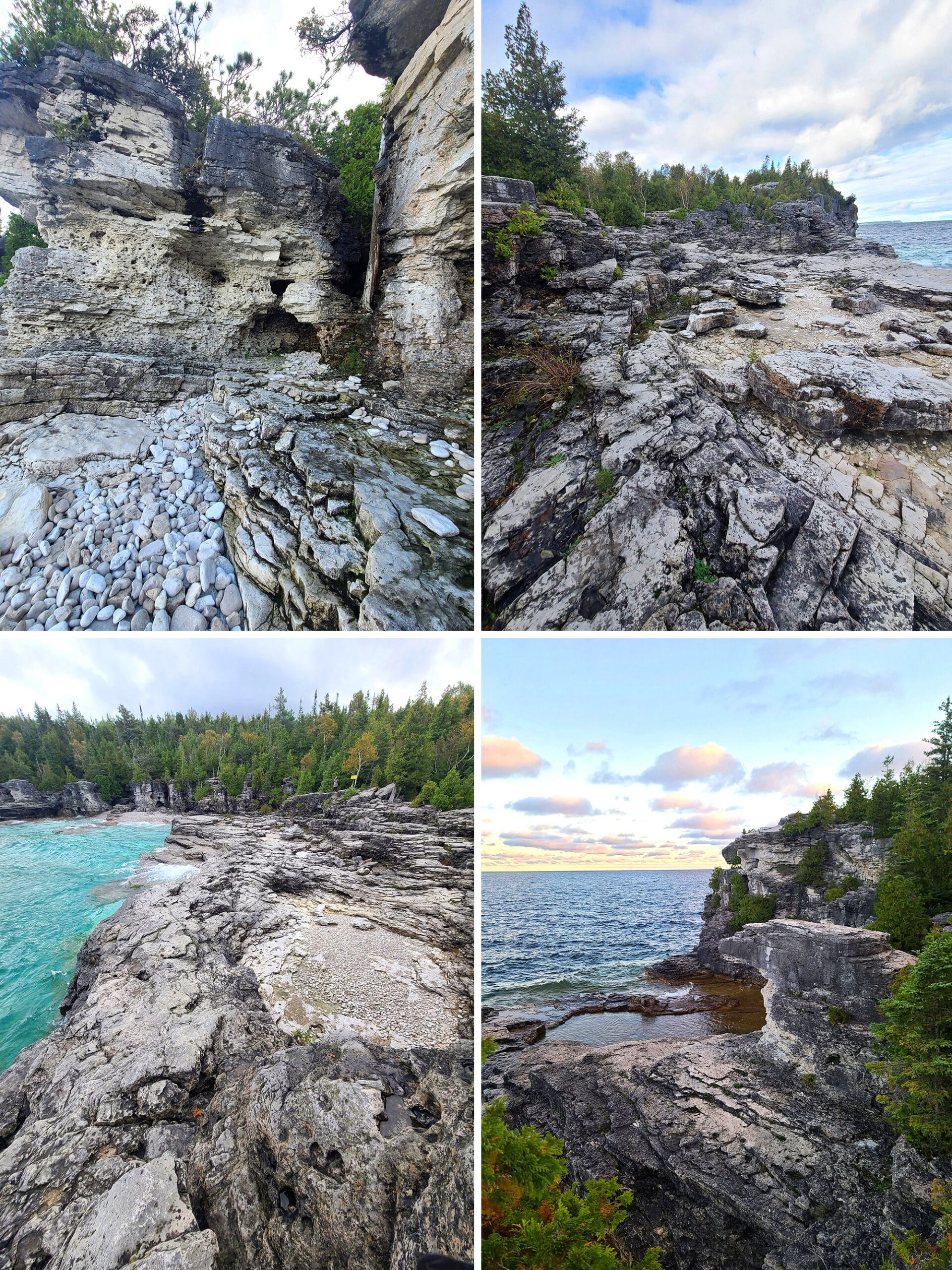 4 part image showing different views of the turquoise water and the cliffs at Indian Head Cove.