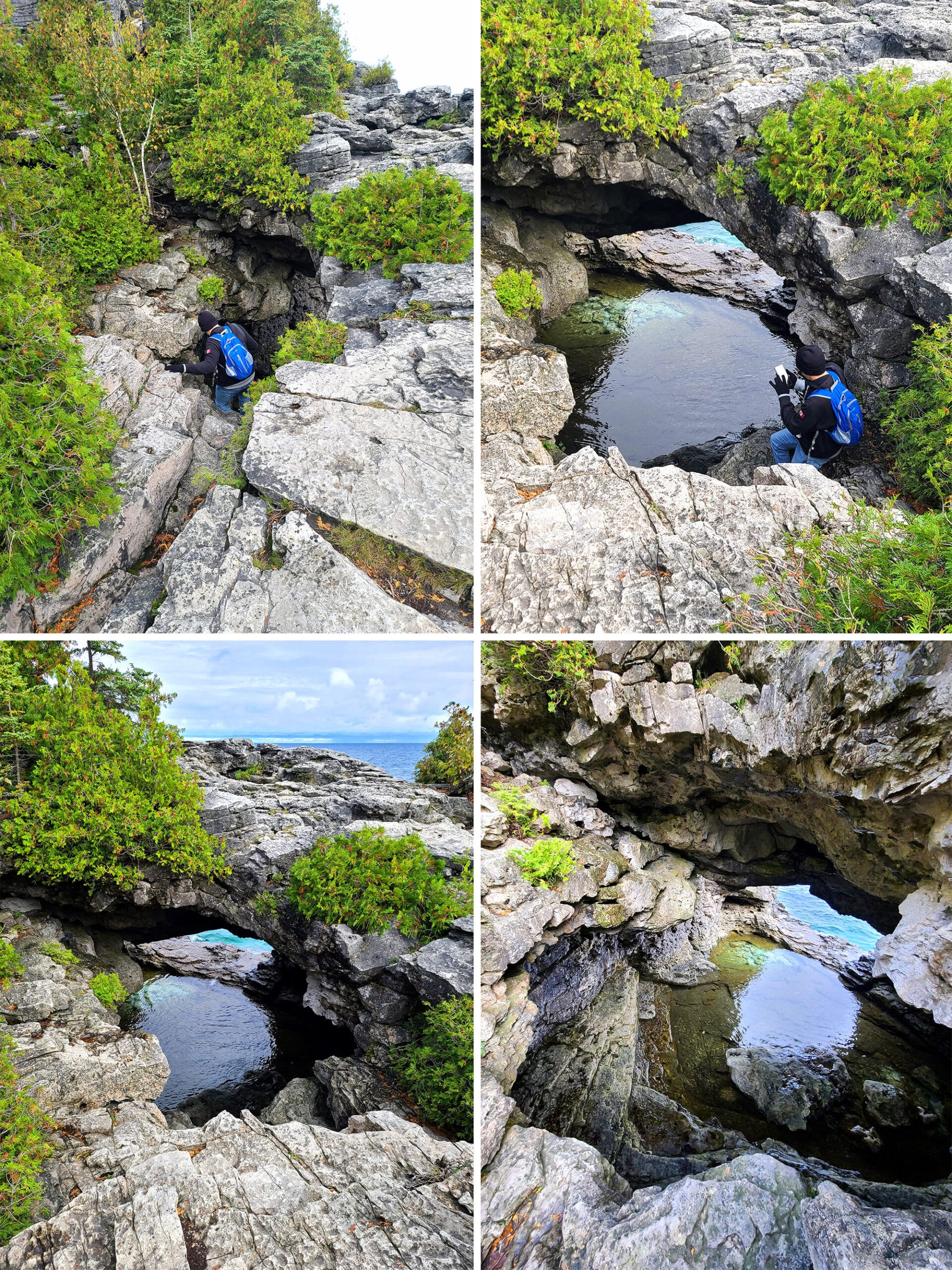 4 part image showing different views of the natural arch at Indian Head Cove - a rocky arch over a secluded pond.