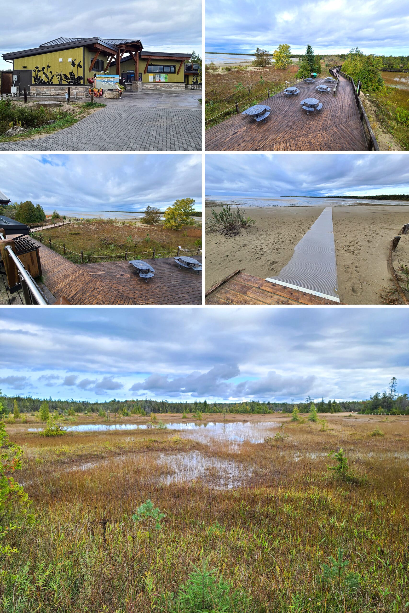 4 part image showing various views of Singing Sands Beach, with a marshy beach, boardwalks, picnic area, and more.