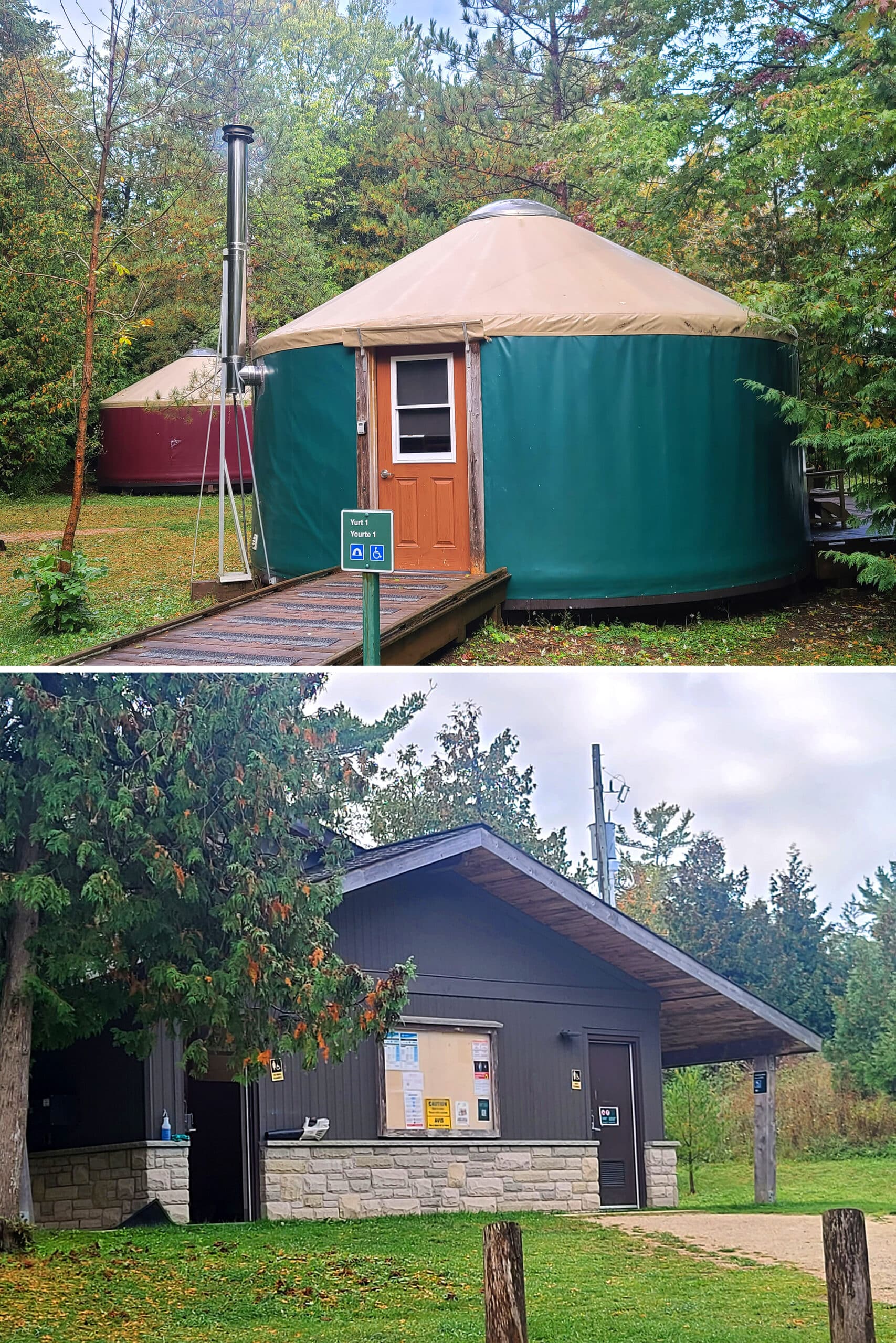 2 part image showing several colourful yurts, and a small comfort station.