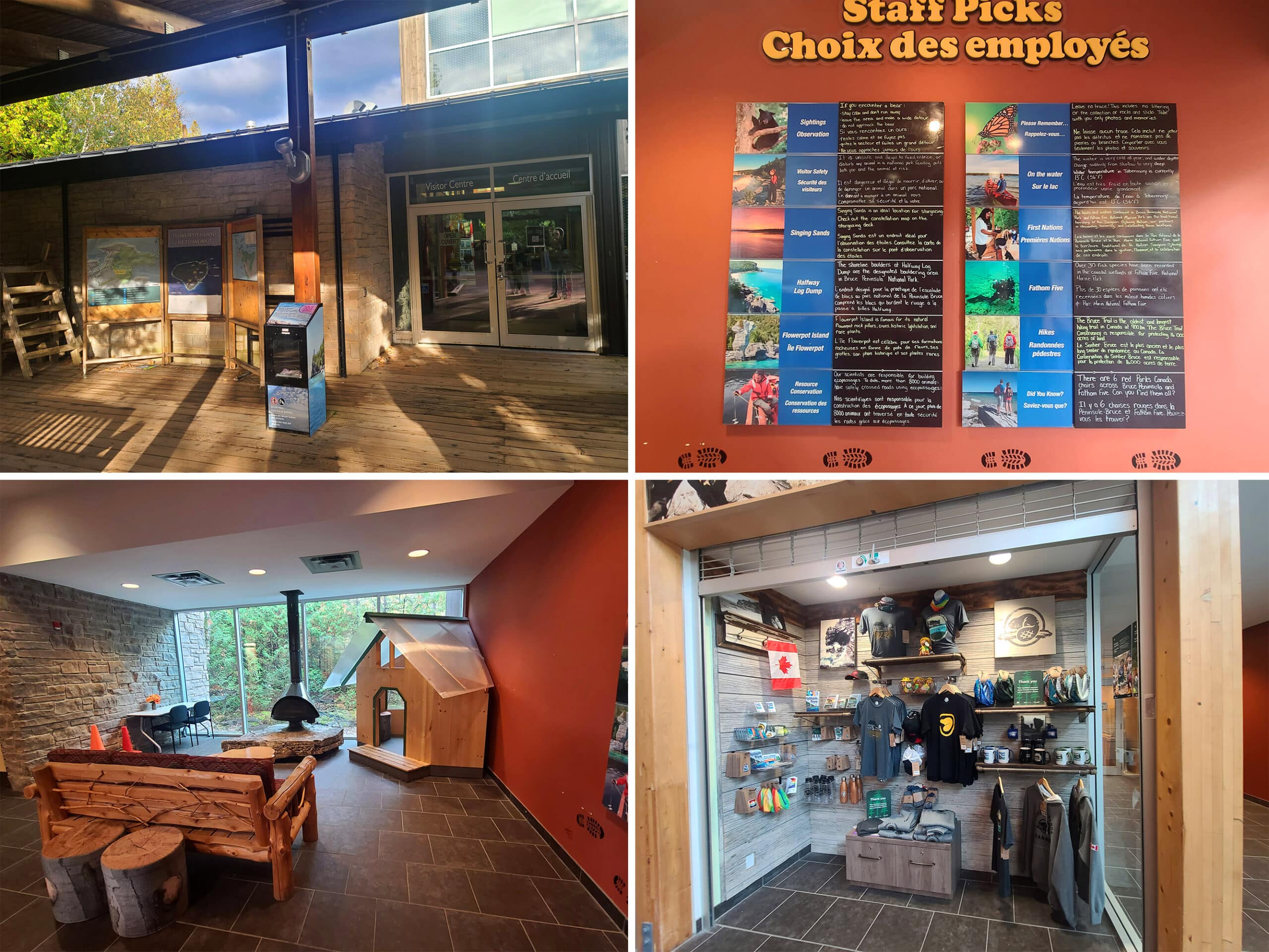 4 part image showing the exterior and interior of the bruce peninsula national park visitor centre, including the front door, lounge area, and store.