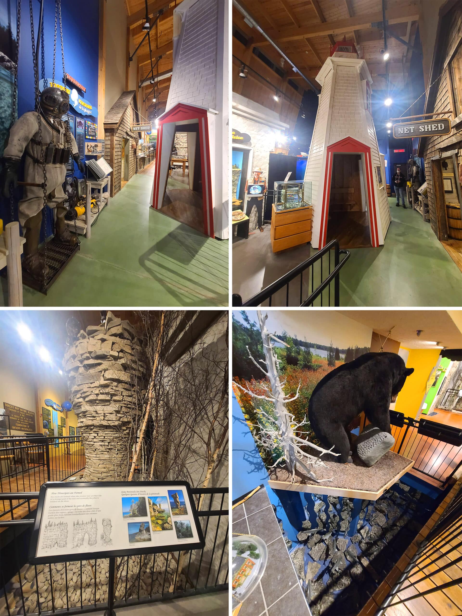 4 part image showing various full scale museum exhibits in the bruce peninsula national park visitor centre.