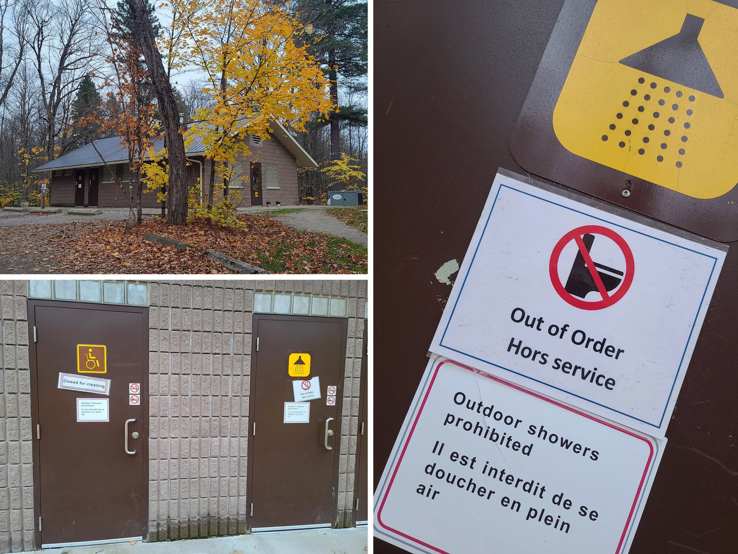 3 images showing all of the out of order signs on a comfort station at Canisbay Lake.
