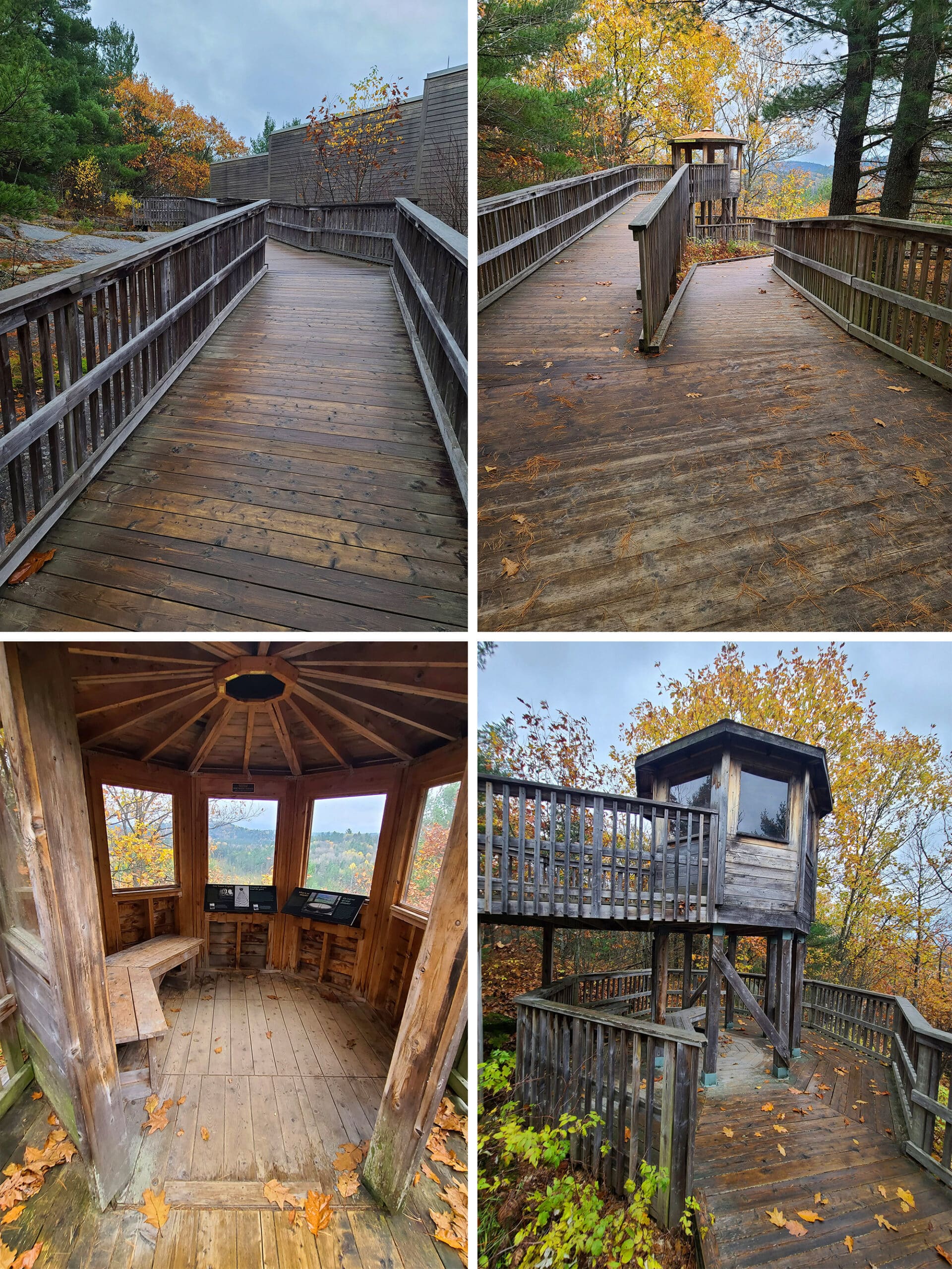 Compilation image of photos taken of the accessible walkway at the Algonquin Provincial Park Visitor Centre.