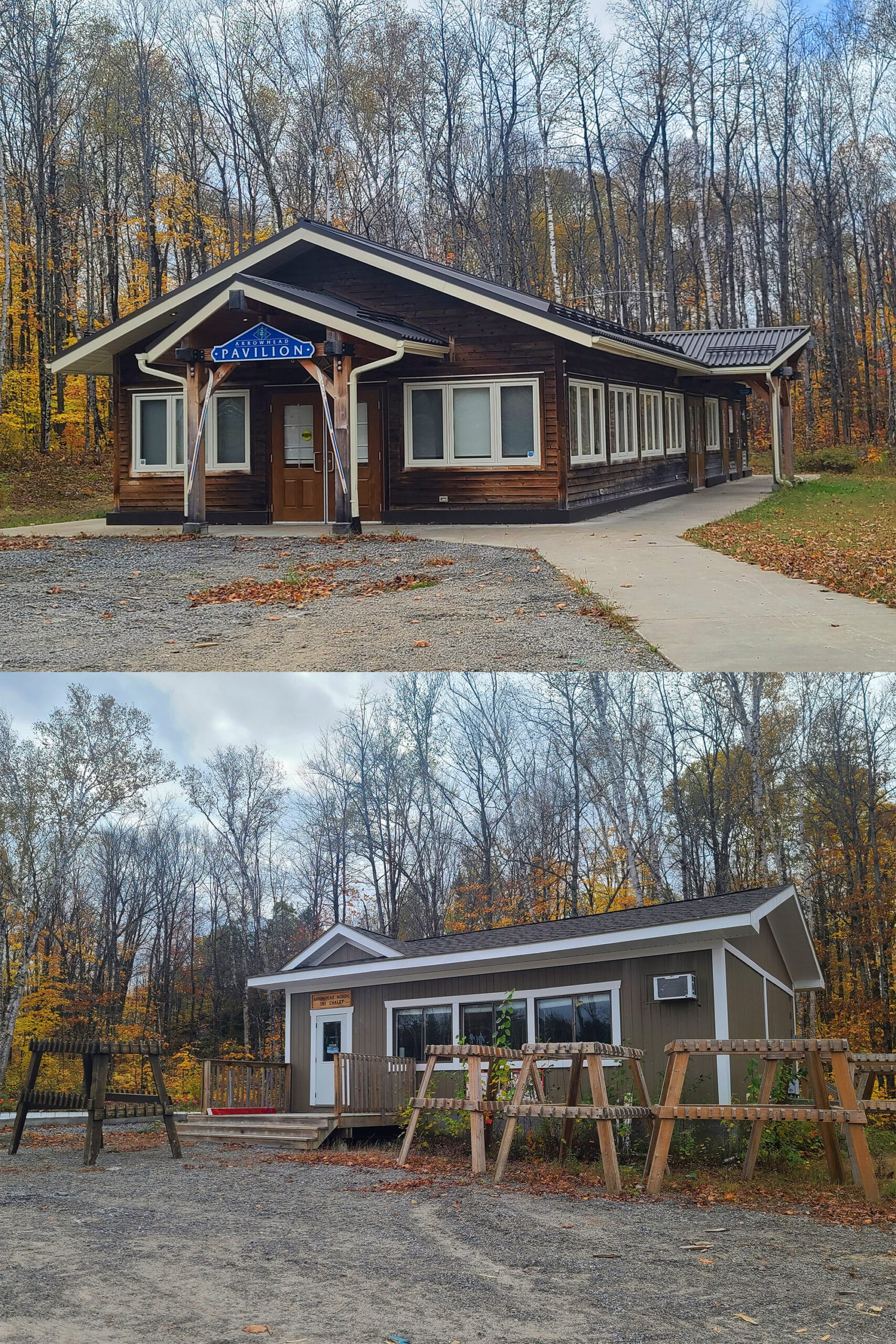 2 part image showing the Nordic Ski Chalet and Pavilion.