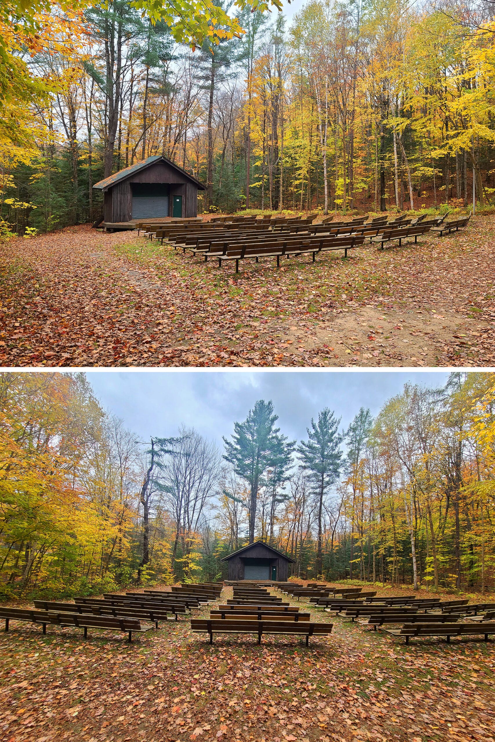 2 part image showing different views of the Arrowhead Provincial Park Amphitheatre.