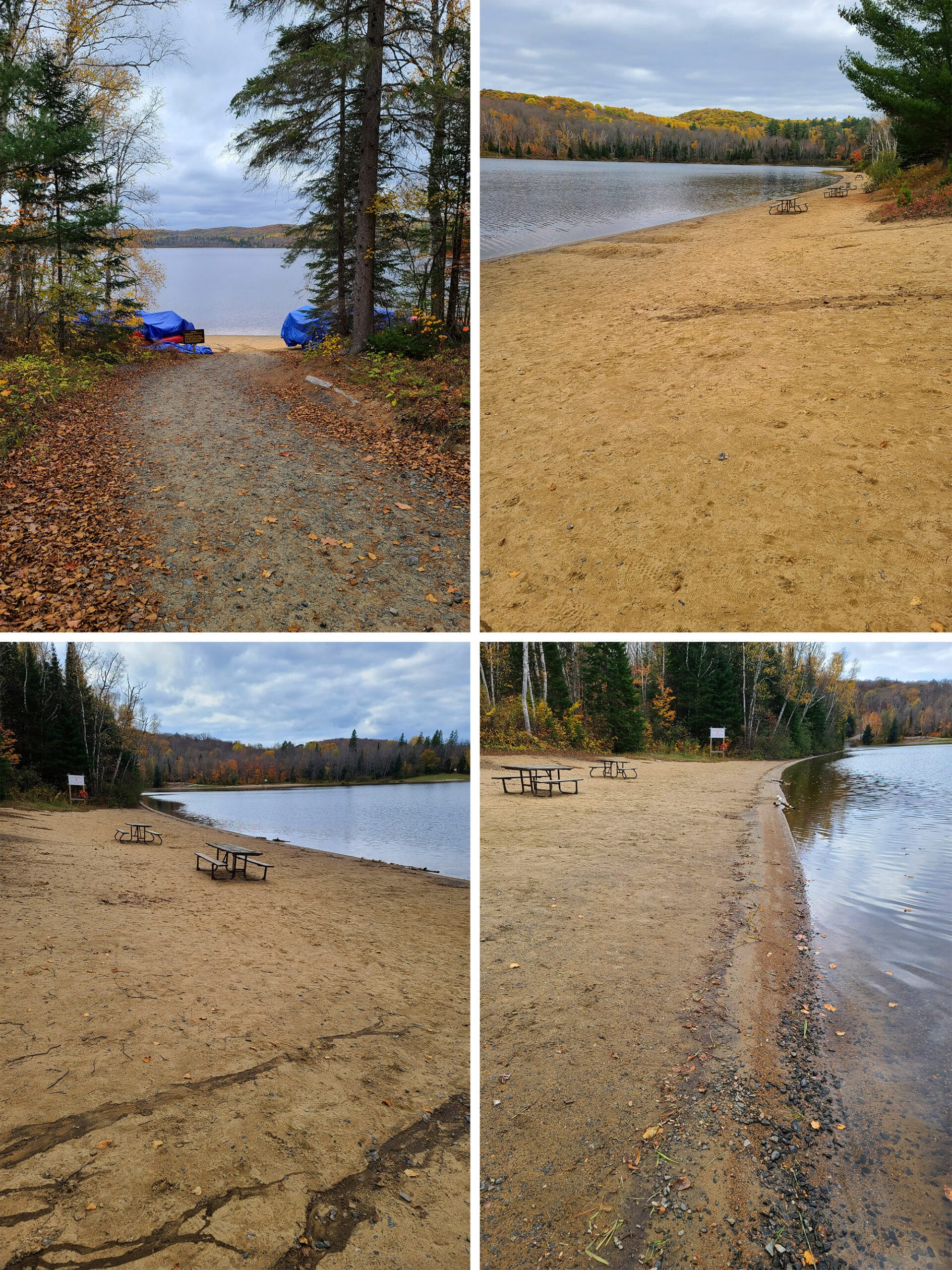 4 part image showing various views of Beach 2 at Arrowhead Provincial Park.