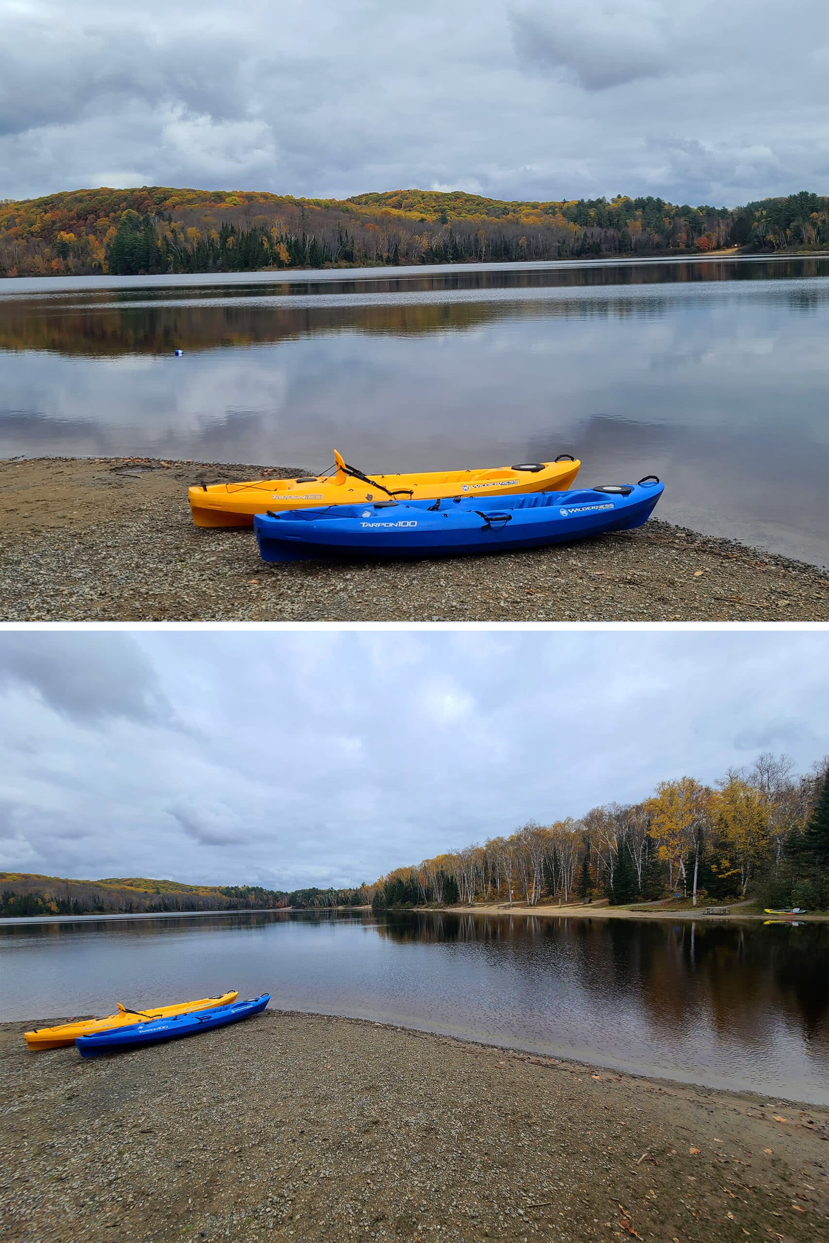 2 part image showing canoes on the shore on arrowhead lake.