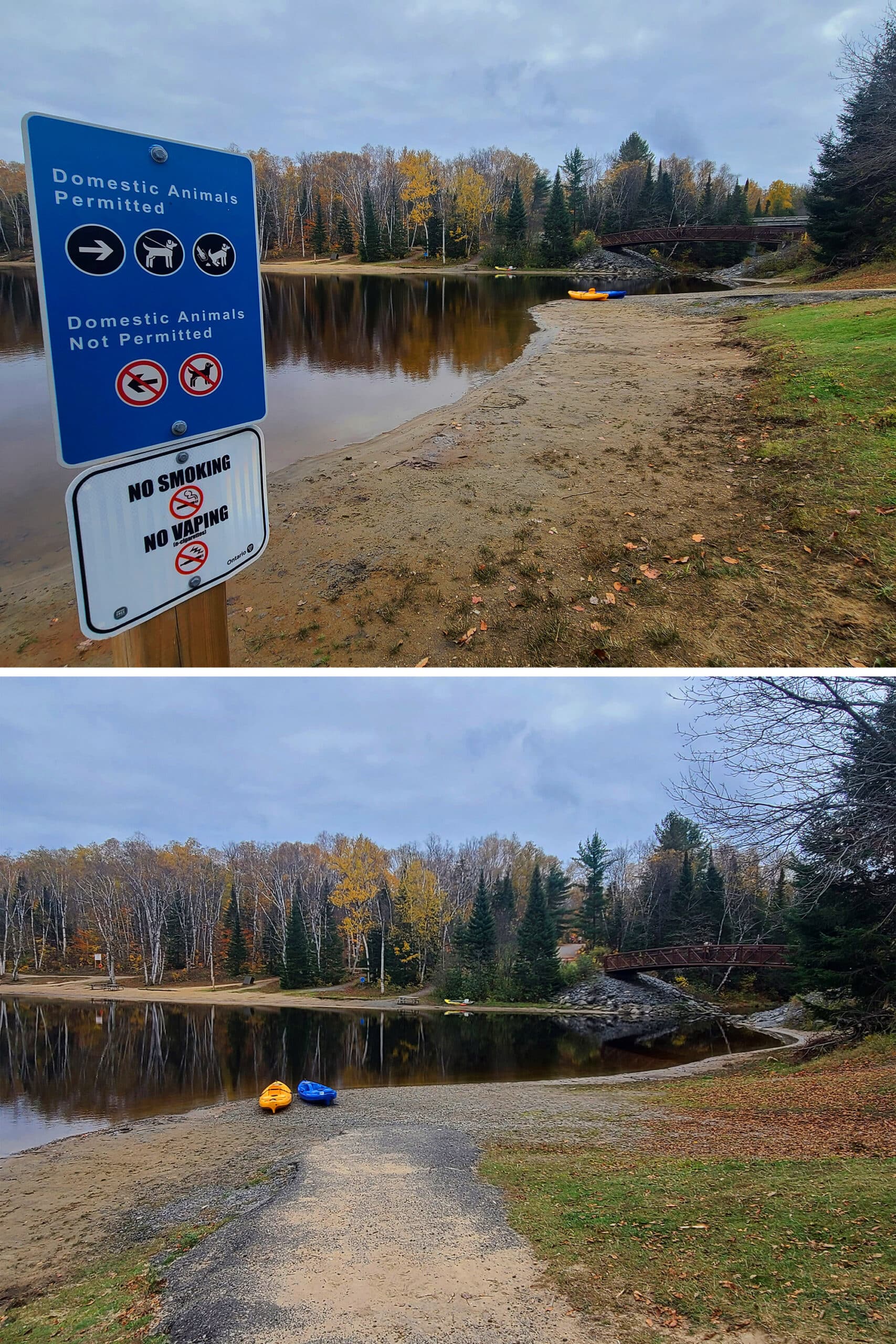 2 part image showing the Arrowhead Lake dog beach.