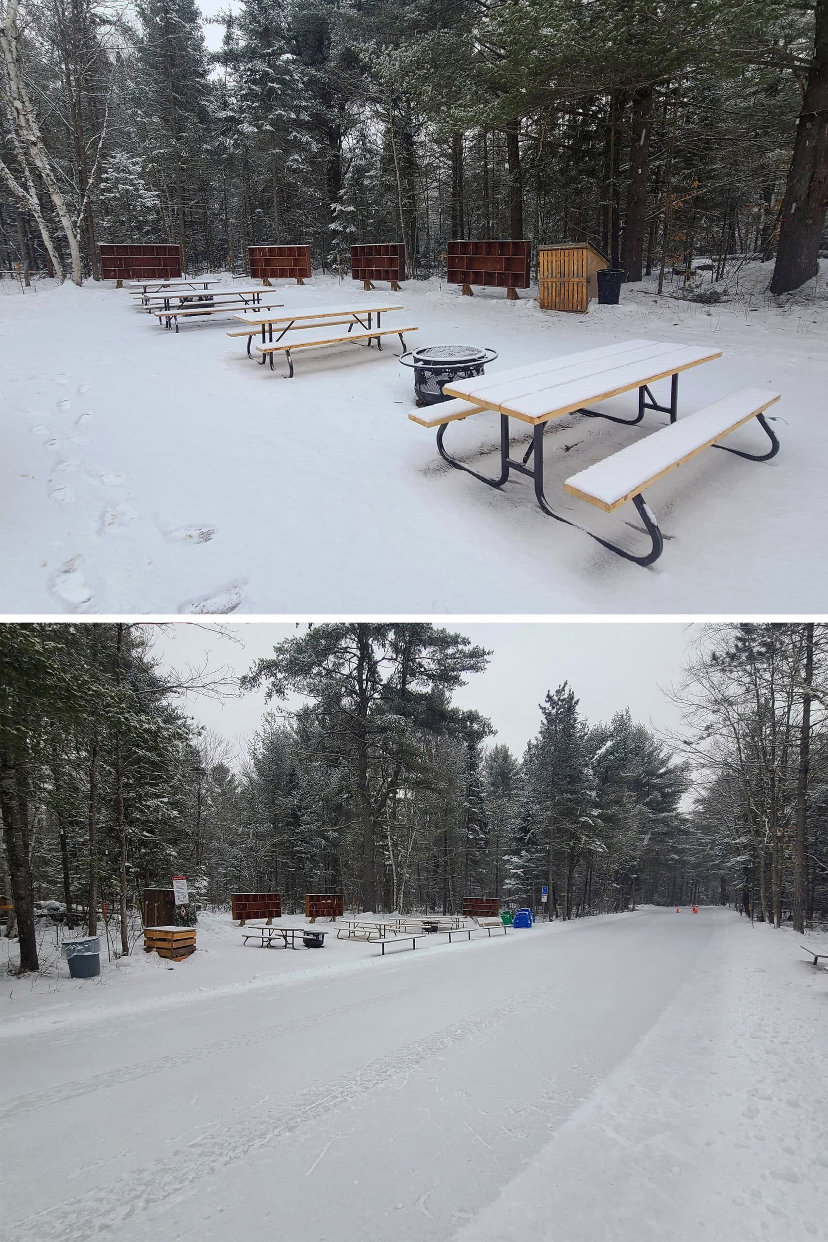 Benches and a firepit at the beginning of the Arrowhead park ice trail.